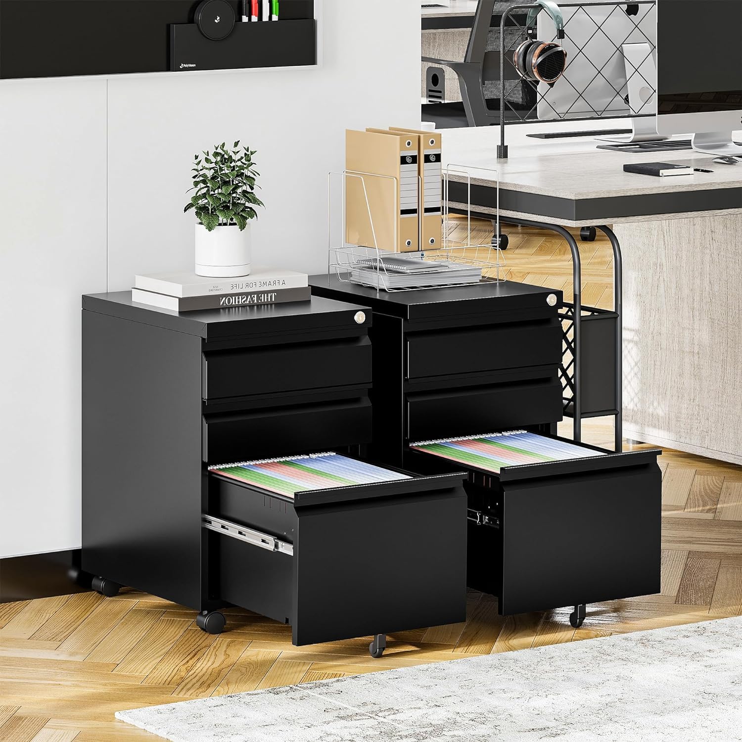 Oasecrilio 3 Drawer Filing Cabinet, Mobile Filing Cabinet for Home Office, Locking File Cabinets for A4/Letter/Legal Size File Folders, Fully Assembled, Matte Black