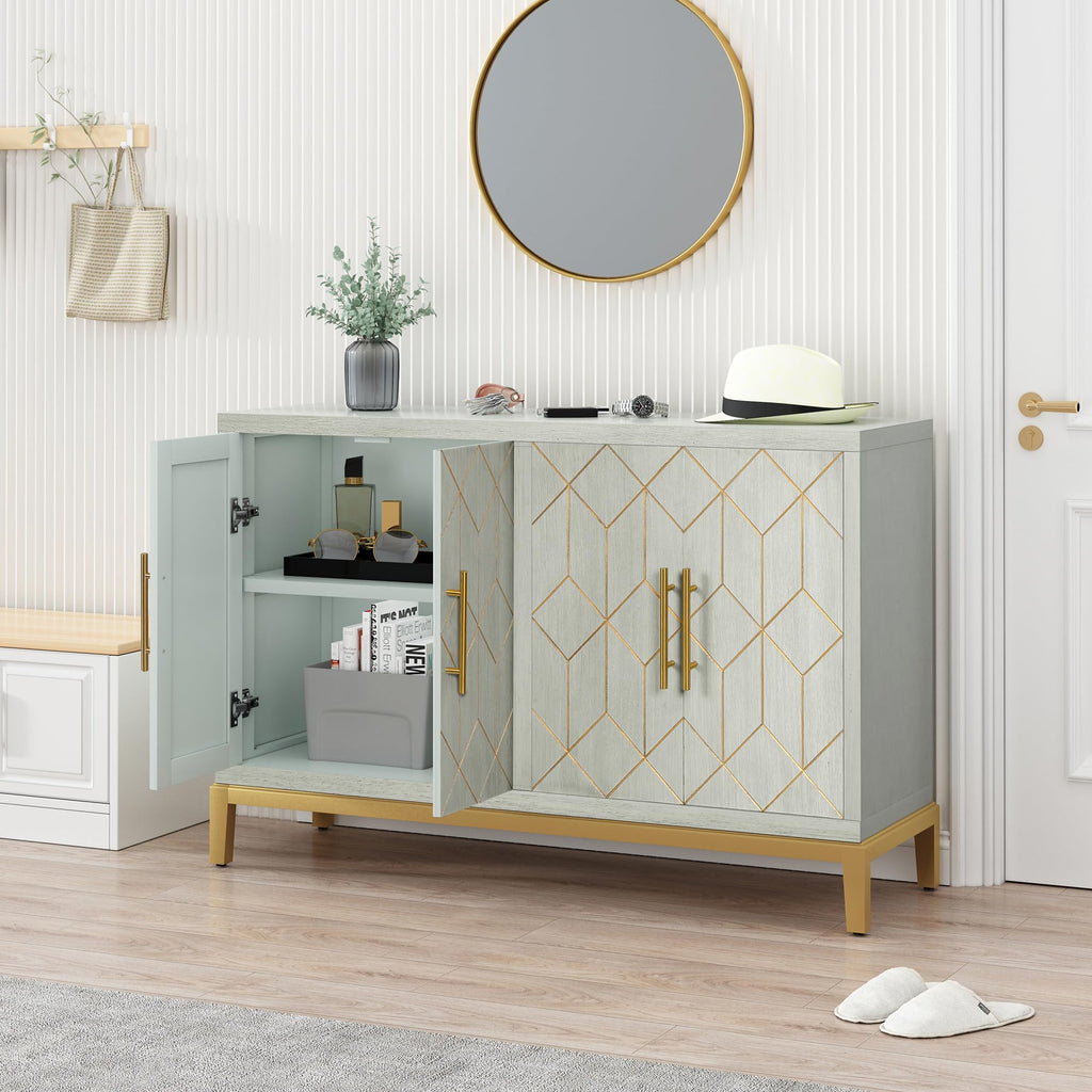 ARTPOWER Accent Cabinet with 4 Doors, Modern Credenza Storage Cabinet, Carved Decorative Buffet Sideboard for Living Room, Kitchen, Office, and Hallway, Green