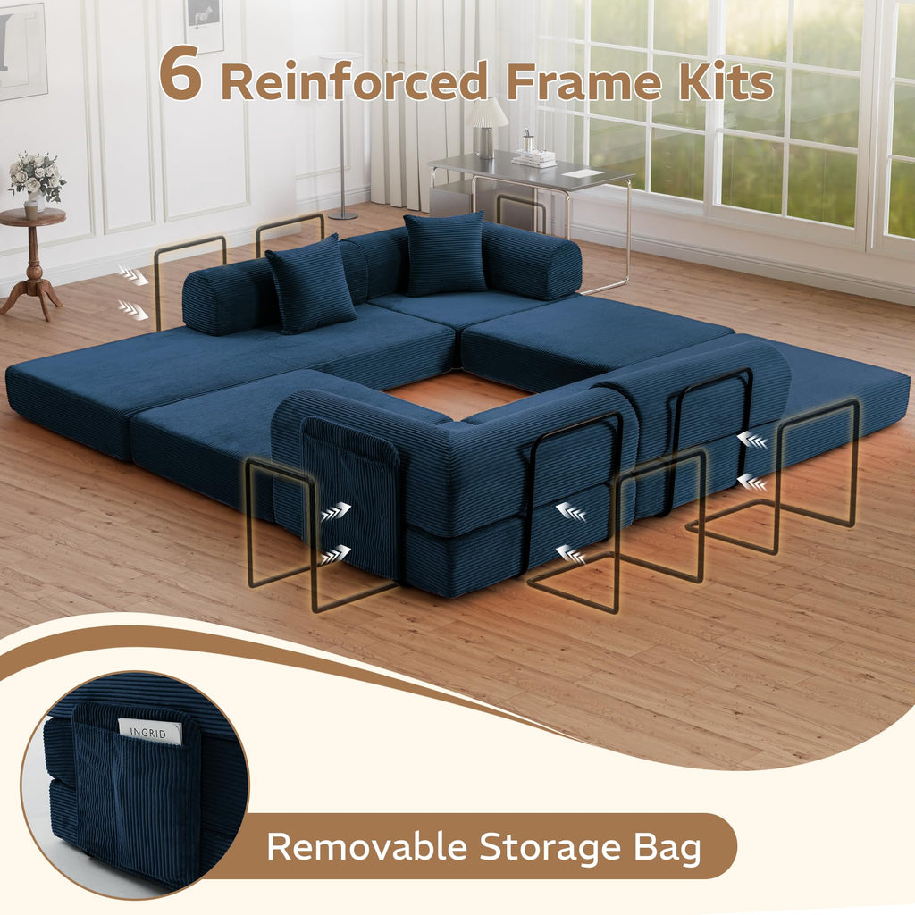 Trygoal 142" Oversized Modular Sectional Sofa Bed, 7-in-1 Convertible Corduroy Cloud Couch with Storage Bag & Reinforced Frame, Deep Seat Sectional Couches for Living Room, Tool-Free Assembly, Blue