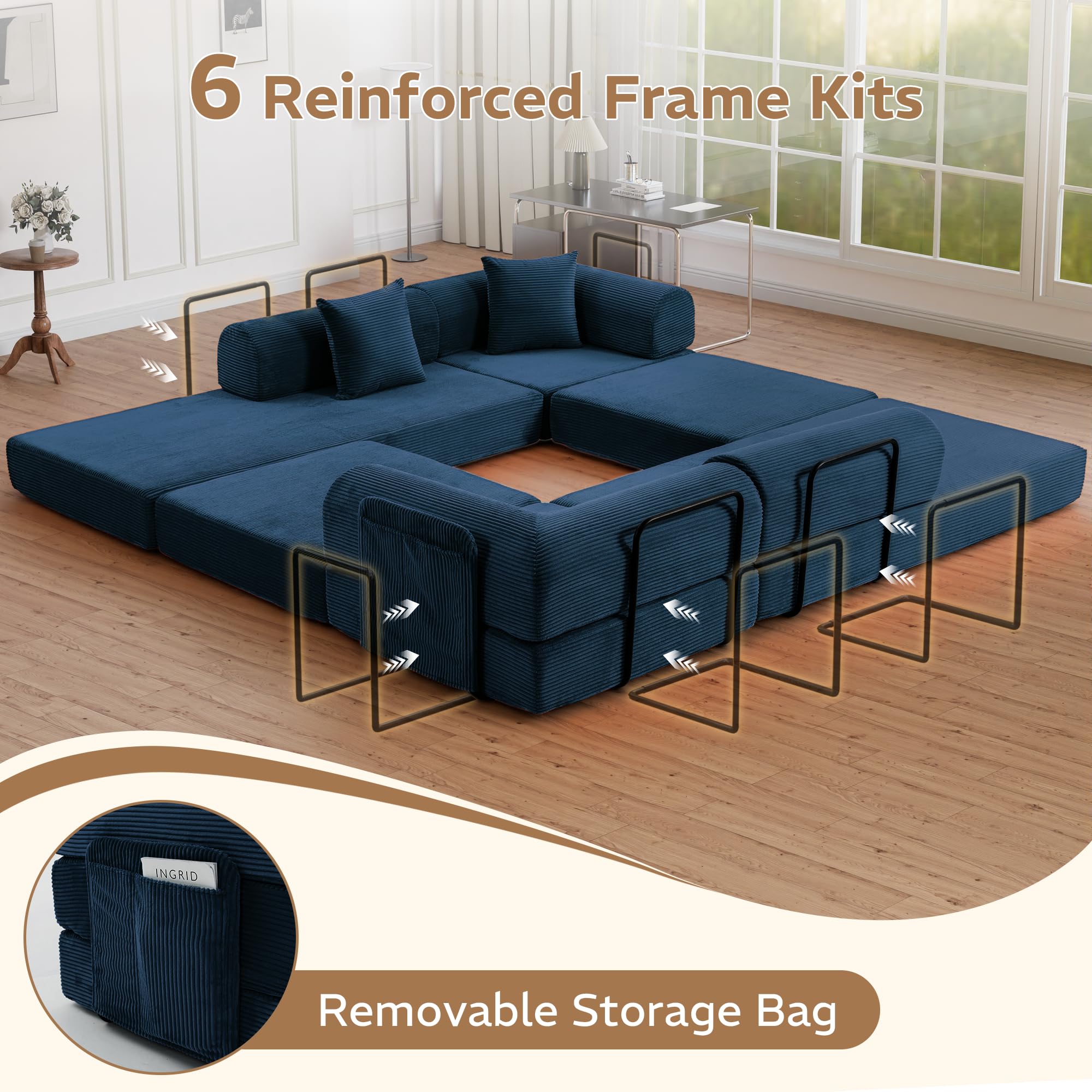 Trygoal 142" Oversized Modular Sectional Sofa Bed, 7-in-1 Convertible Corduroy Cloud Couch with Storage Bag & Reinforced Frame, Deep Seat Sectional Couches for Living Room, Tool-Free Assembly, Blue