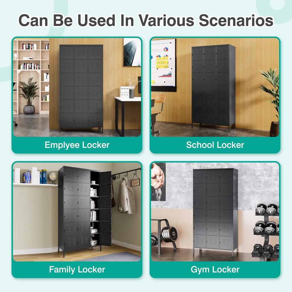 SISESOL Metal Lockers for Employees,Lockable Storage Locker with Shelf,Large Lockers for Storage with Leg,Gym Locker,Steel Employee lockers for Home Office School Gym Garage (Black,18 Door)