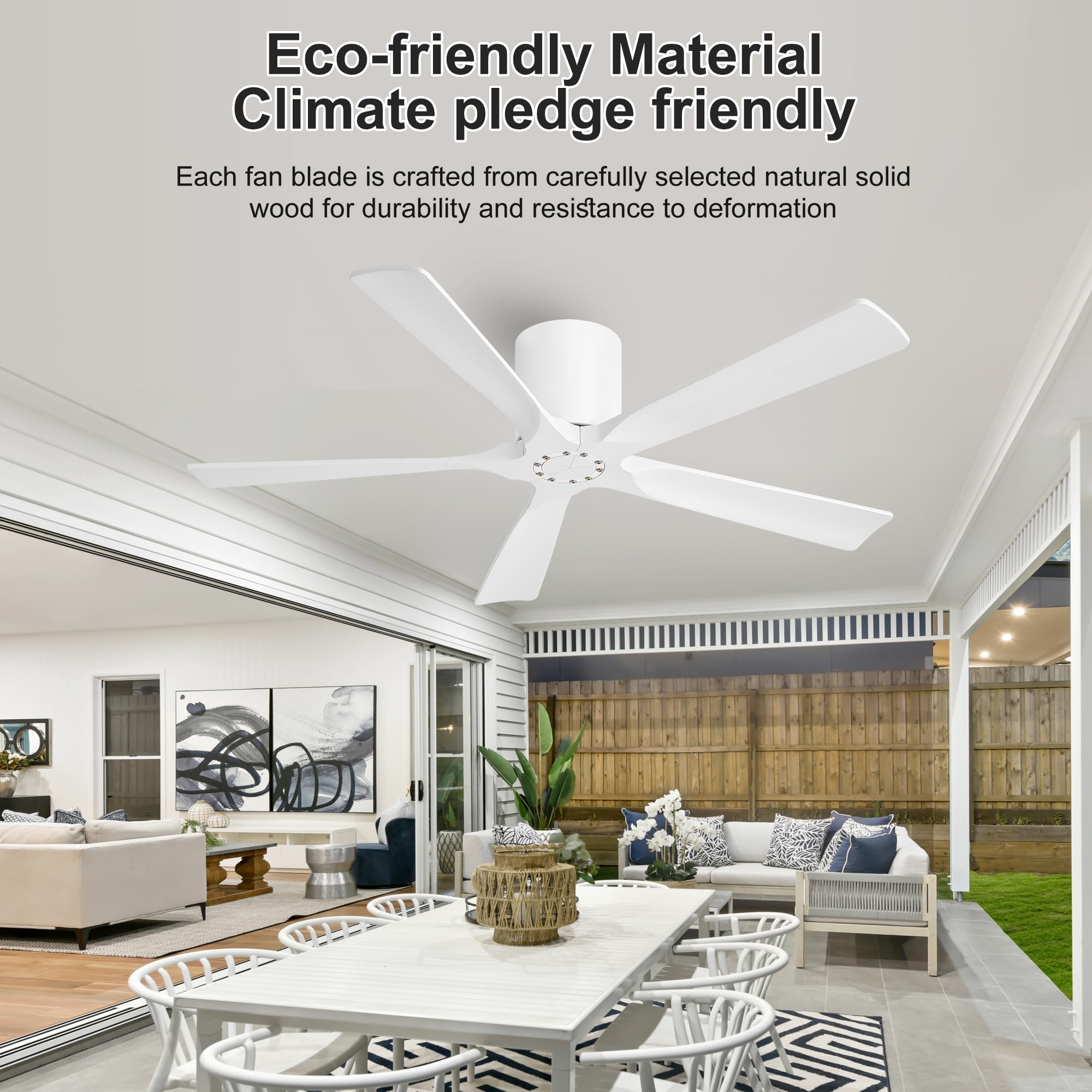 LEDLUX 52 Inch Flush Mount Ceiling Fan No Light - 5 Solid Wood Blades, 6-Speed Reversible DC Motor, Noiseless Low Profile Ceiling Fan without Light for Bedroom Living Room, White