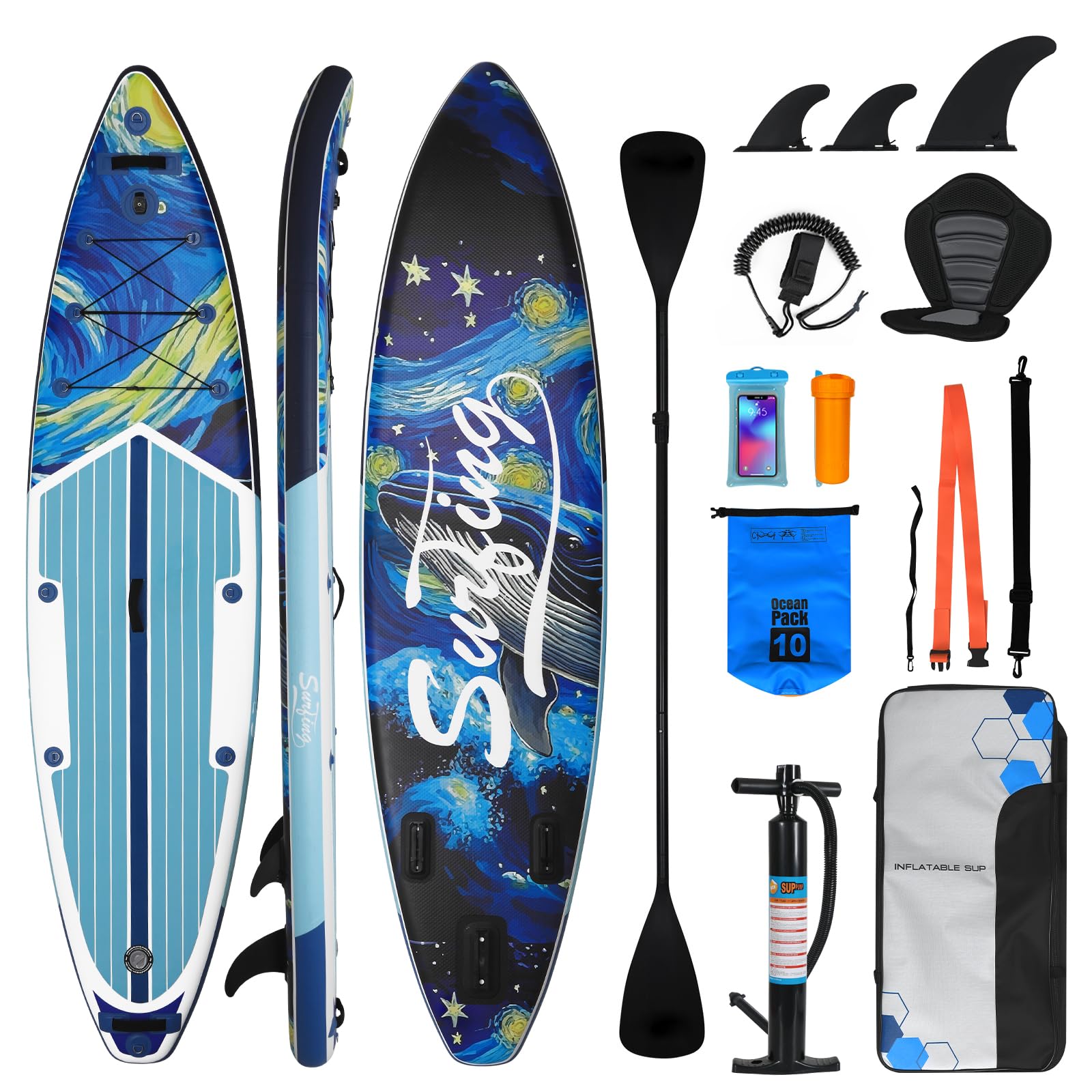 YUSING Inflatable Paddle Board with Seat, 11' x 33'' x 6" SUP, Paddle Boards for Adults, Non-Slip Deck SUP Paddle Board with Premium Kayak and SUP Accessories,3 Removable Fins (Starry Sky Blue)