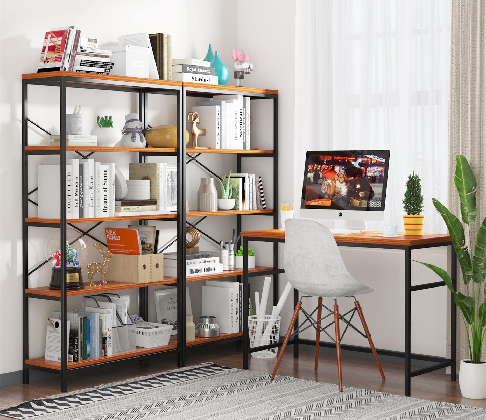 Himimi Industrial Bookshelf 5-Tier Set of 2, Bookcase 58" H Ladder Shelf, Storage Shelves Rack Shelf Unit, Accent Furniture Metal Frame, Home Office Furniture, Vintage Brown（2PCS）