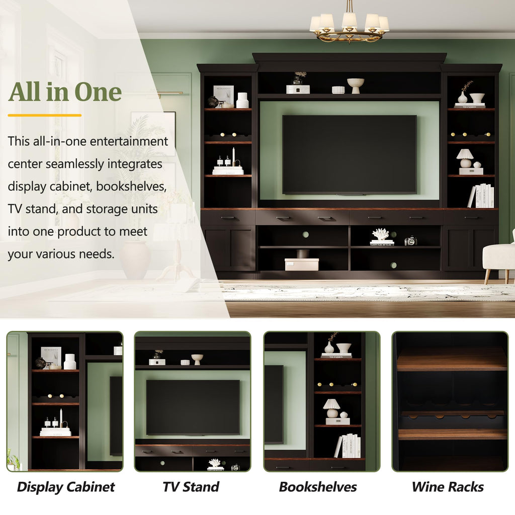 Merax Minimalist Entertainment Wall Unit Set with Ample Storage Space and Adjustable Shelves, TV Stand for Televisions Up to 70'', Mid-Century Large Media Console with Wine Rack for Living Room, Black