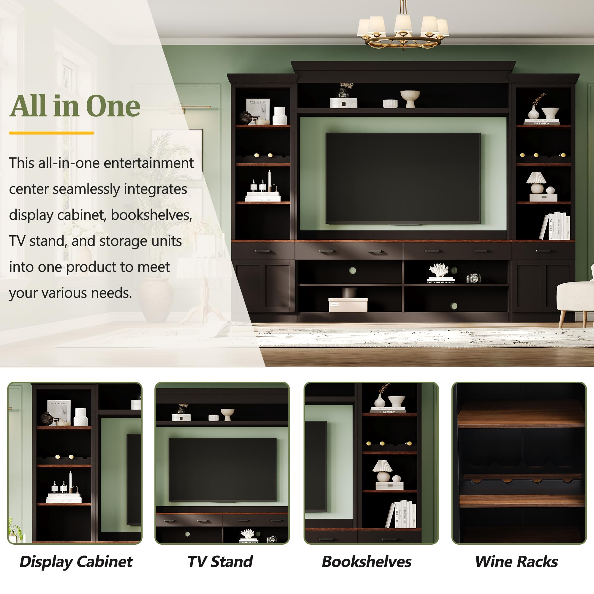 Merax Minimalist Entertainment Wall Unit Set with Ample Storage Space and Adjustable Shelves, TV Stand for Televisions Up to 70'', Mid-Century Large Media Console with Wine Rack for Living Room, Black