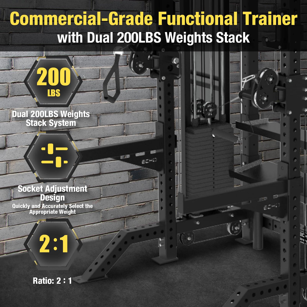 Commercial Functional Trainer Cable Machine with Dual Weight Stacks Power Cage Squat Rack Cable Crossover Exercise Machine with Pulley System All in One Home Gym Systems, Model B