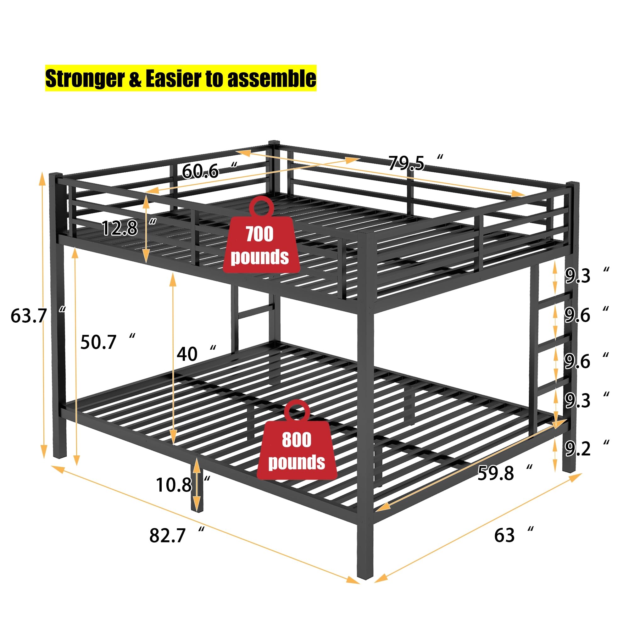 SIGONE Stronger & Safer Metal Bunk Bed Queen Over Queen Size Bunkbed, More Stable Heavy Duty Thickened Steel Bunk Queen Bed with Reinforced Legs & Ladders (Easier to Assemble)