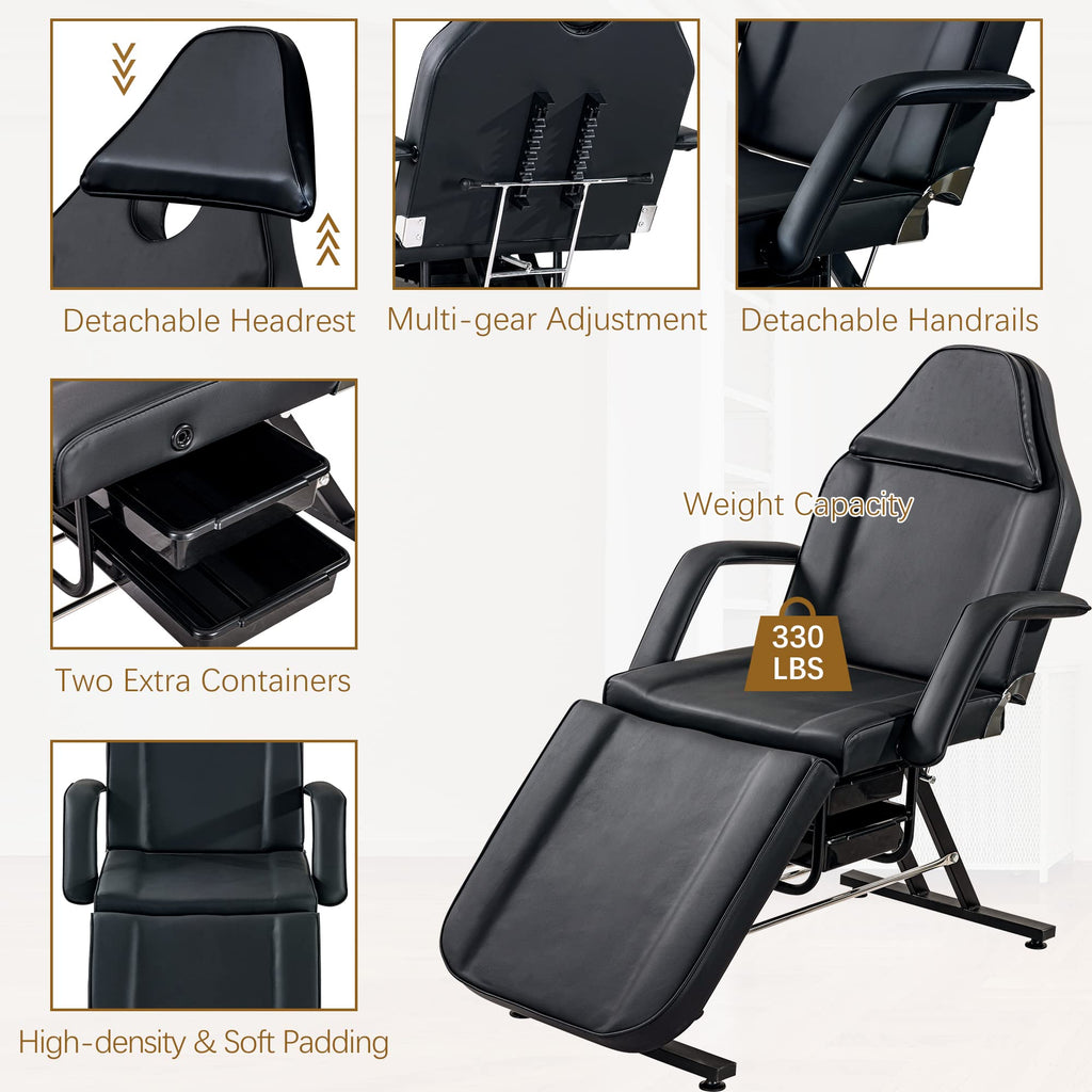 Anzios Massage Salon Tattoo Chair with Two Trays Esthetician Bed with Hydraulic Stool, Multi-Purpose 3-Section Facial Bed Table, Adjustable Beauty Barber Spa Beauty Equipment