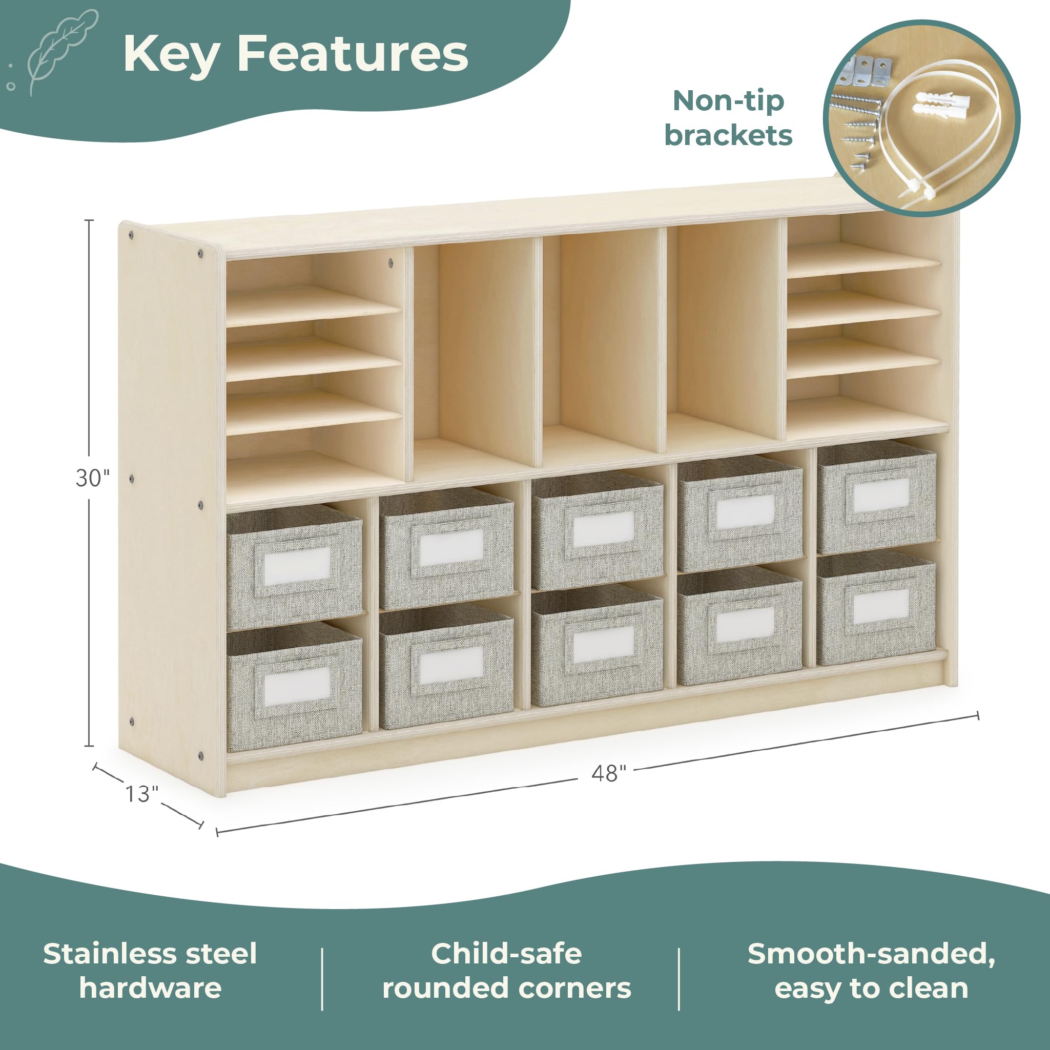 Guidecraft EdQ Shelves and 10 Bin Storage Unit- Natural: Multi-Functional Cube Storage Organizer or Bookcase, Wooden Cabinet for School and Home, Teacher's Book Cubby and Toy Shelf
