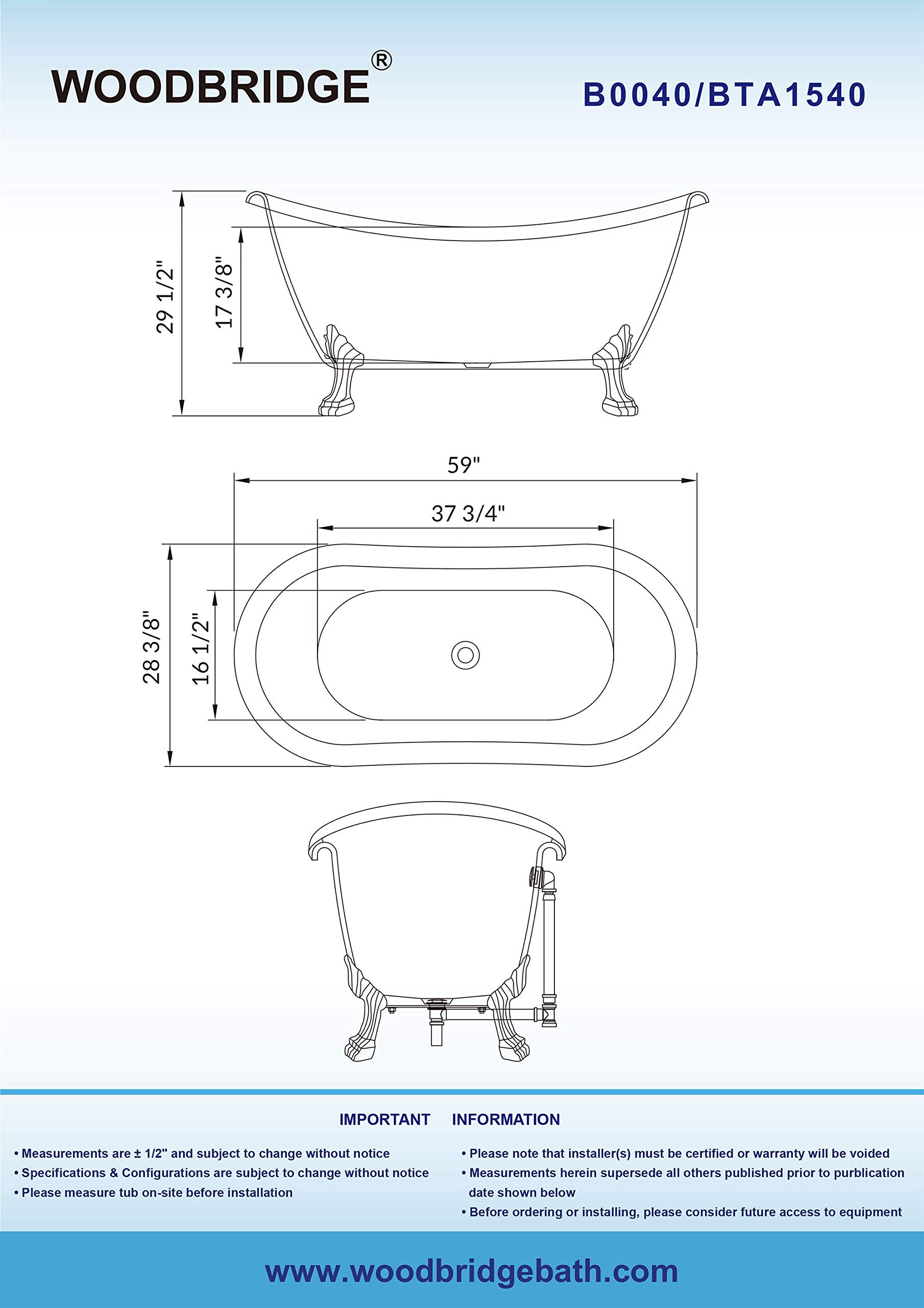 WOODBRIDGE 59" Heavy Duty Acrylic Double Slipper Clawfoot Bath Tub with Matte Black Feet + Matte Black Drain &Overflow