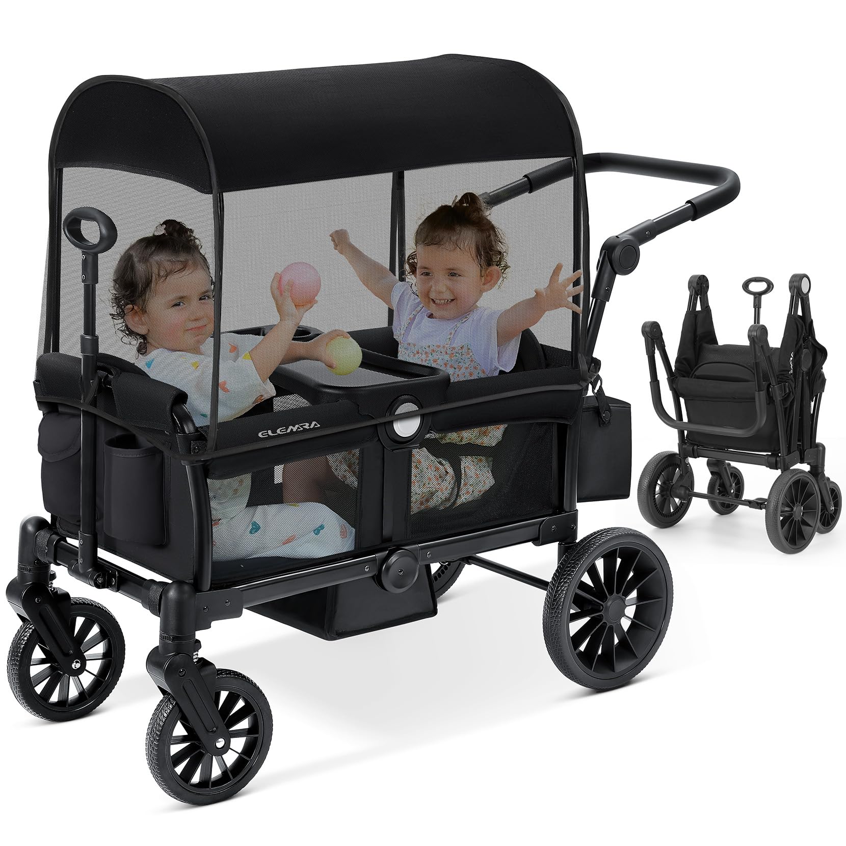 ELEMARA Foldable Wagon Stroller, Stroller Wagon for 2 Kids, Premium All Terrain Wagon for Kids with Removable Canopy, Adjustable Push/Pull Handle, Harnesses, Large Storage Bag, Black