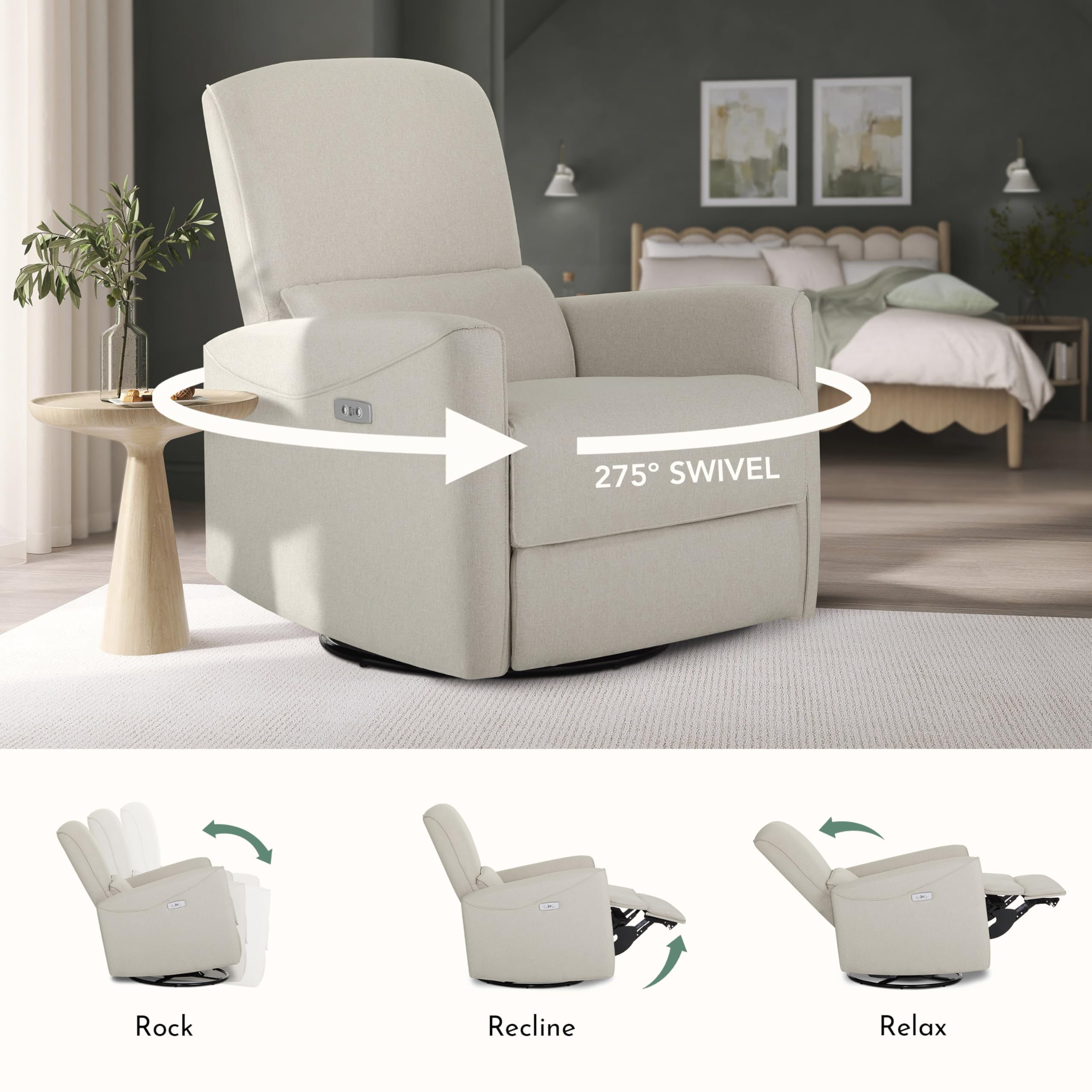 Evolur Belmont Nursery Glider Chair with Massager in Light Sand, Power Recliner with 275° Swivel, Lumbar Support Modern Rocking Chair for Baby Room, Nursery & Living Room