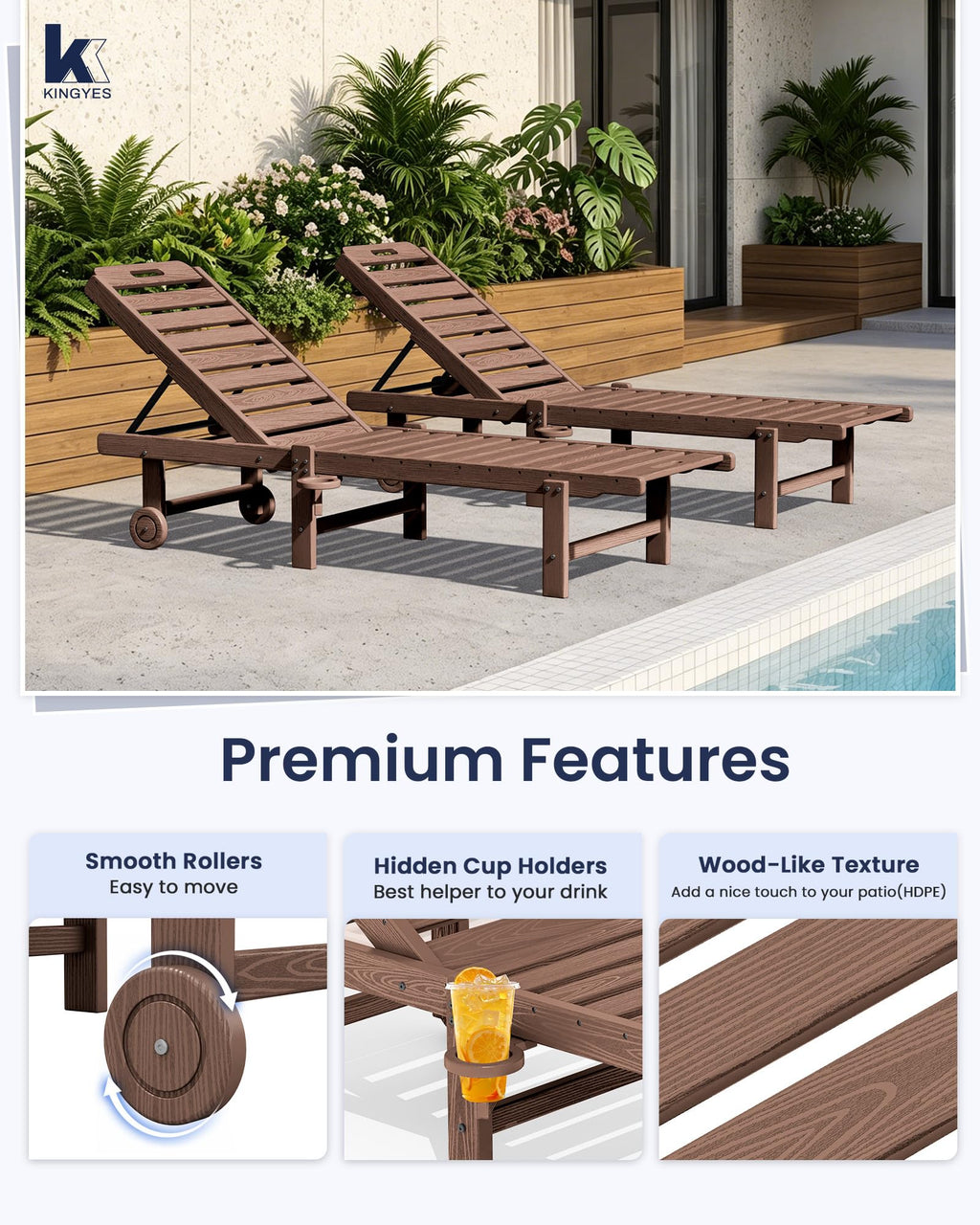 KINGYES Outdoor Armless Chaise Lounge Set of 2, HDPE Pool Lounge Chairs with Cup Holder & Wheels, Patio Lounger Chairs for Poolside, Brown