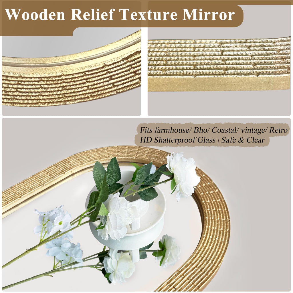 WAMIRRO Gold Round Wood Mirror, 36 Inch Hand Carved Solid Wood Frame Circle Mirror for Wall Mount, Farmhouse Boho Decor for Living Room, Bathroom, Bedroom, Hallway & Entryway