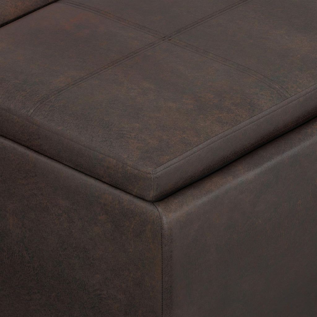 SIMPLIHOME Avalon Storage Ottoman - 42 inch Wide Upholstered Vegan Leather Rectangular Flip-Top Ottoman in Distressed Brown, Contemporary Coffee Table Ottoman for Living Room with Hidden Storage