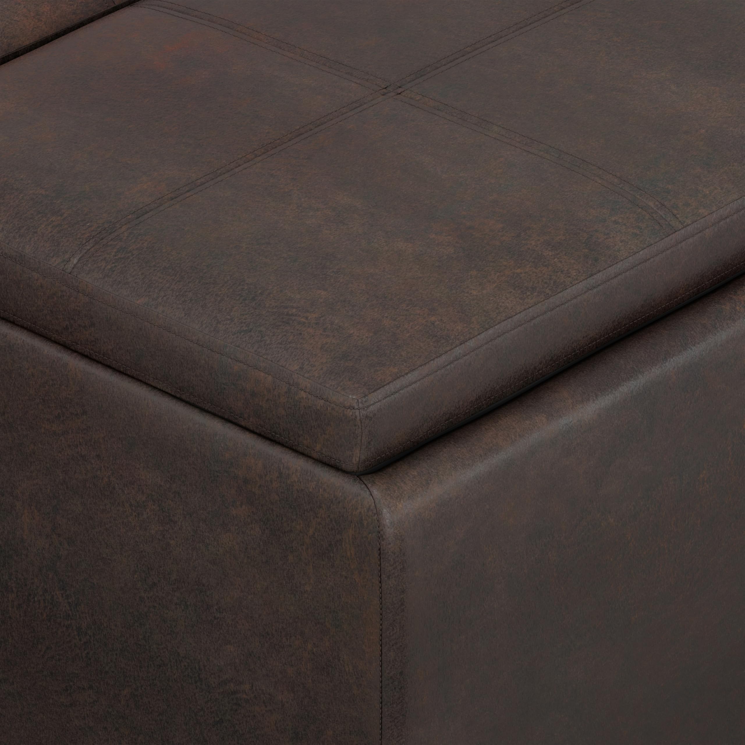 SIMPLIHOME Avalon Storage Ottoman - 42 inch Wide Upholstered Vegan Leather Rectangular Flip-Top Ottoman in Distressed Brown, Contemporary Coffee Table Ottoman for Living Room with Hidden Storage