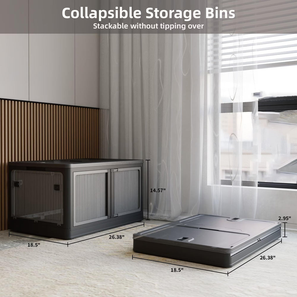 506QT 4-Pack Transparent Stackable Storage Bins with 5 Doors to Open with Wheels, Folding Plastic Craft Containers Large Closet Organizers Box for Bedrooms Living Rooms Study, Black