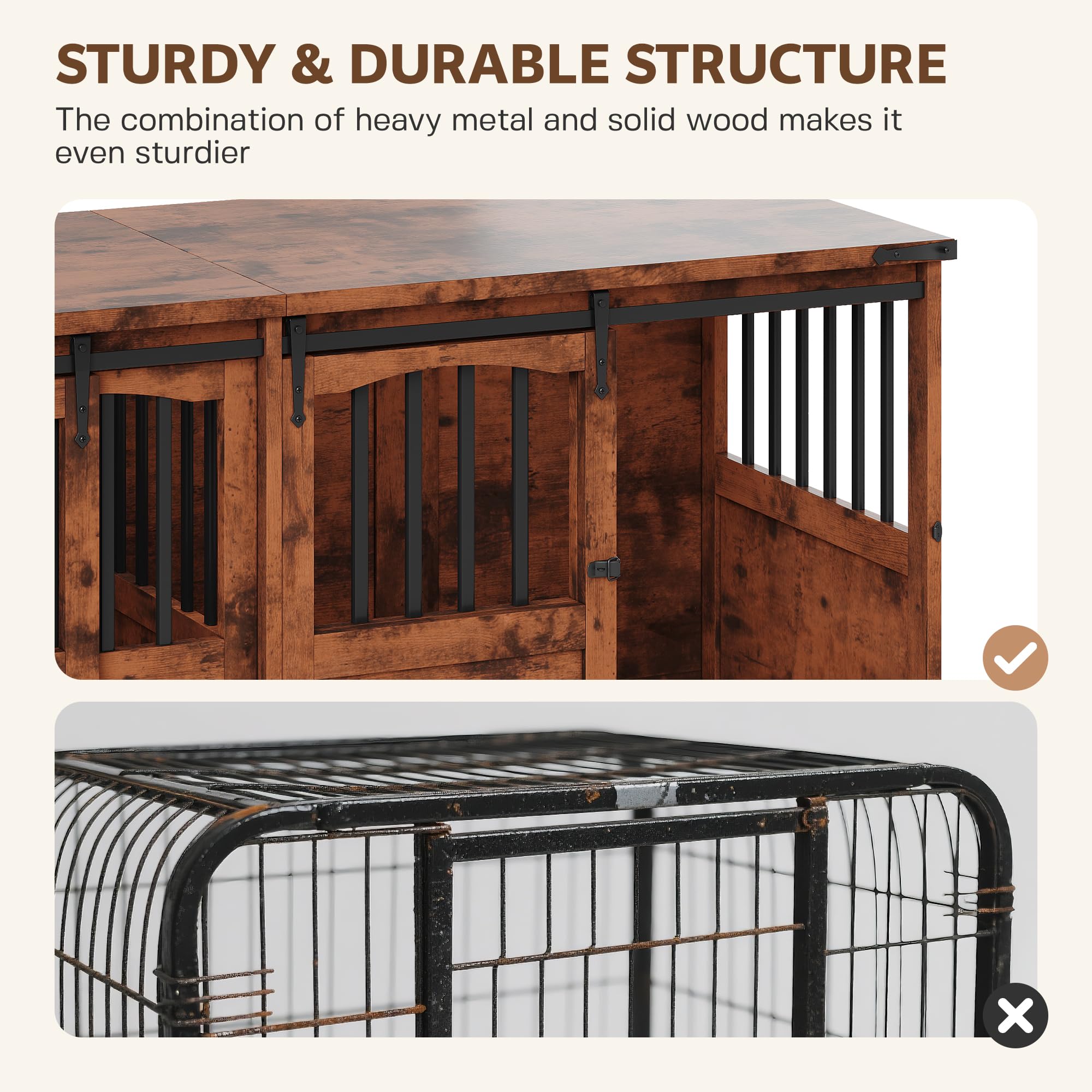 Homiflex Double Dog Crate Furniture with Barn Sliding Doors, 72" Large Dog Kennel Furniture Indoor with Divider for 2 Medium Large Dogs, Heavy Duty Wooden Dog Cage Decorative TV Stand, Brown