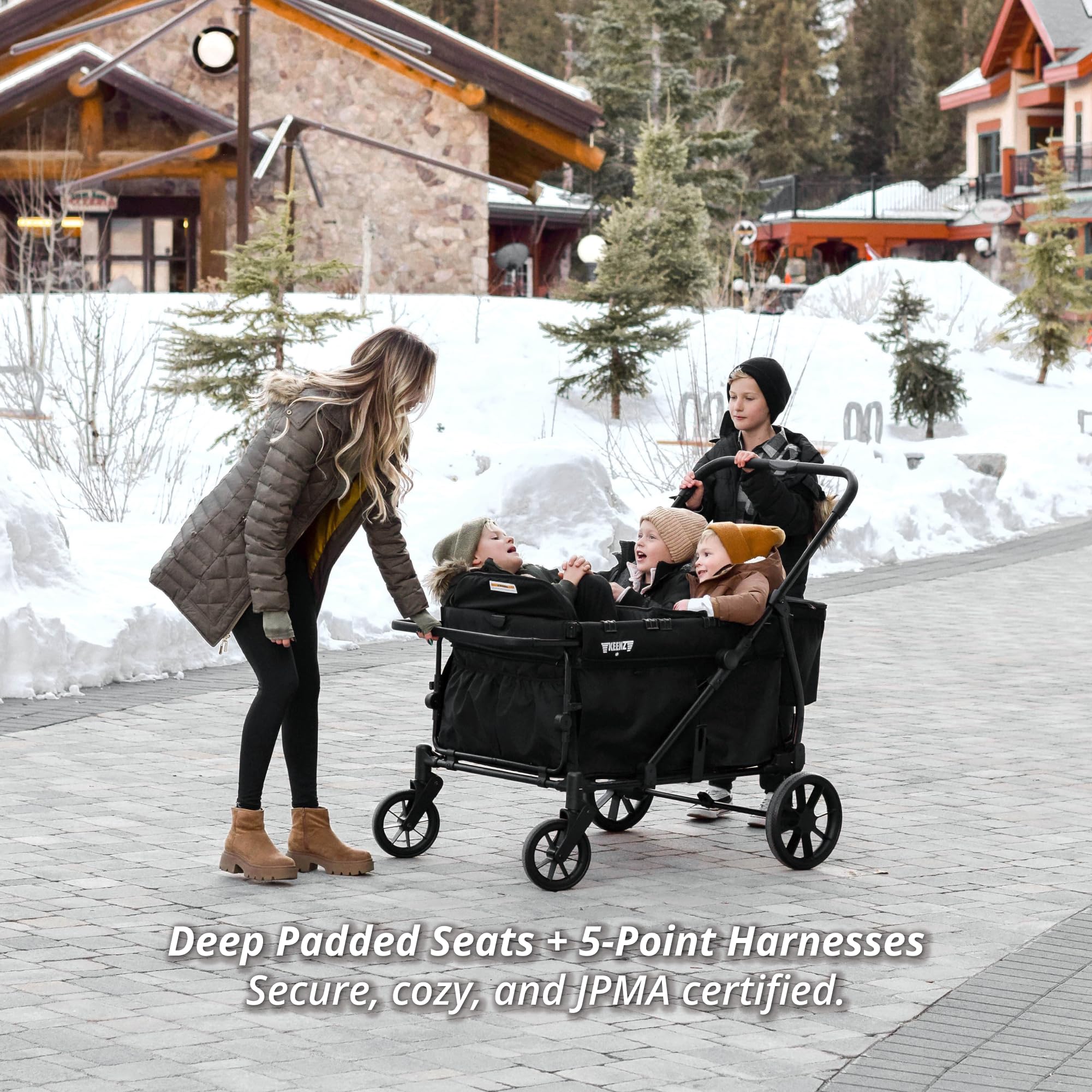 Keenz Viva 4-Passenger Compact Stroller Wagon for Kids with Foldable Frame, Push/Pull Handle, EVA Wheels, and Mosquito Net Canopy – Lightweight Wagon for Families, Black