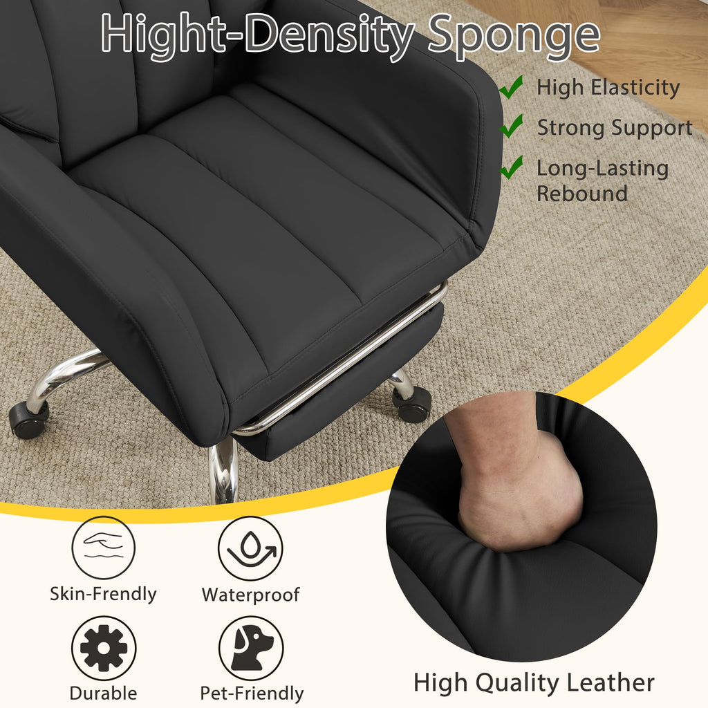 Ergonomic Cloud Cross Legged Office Chair with Footrest,Leather Big and Tall Executive Chair with Wheels,Reversible Armrest,155° Reclining Computer Wide Desk Chair for Home,Office (Black)