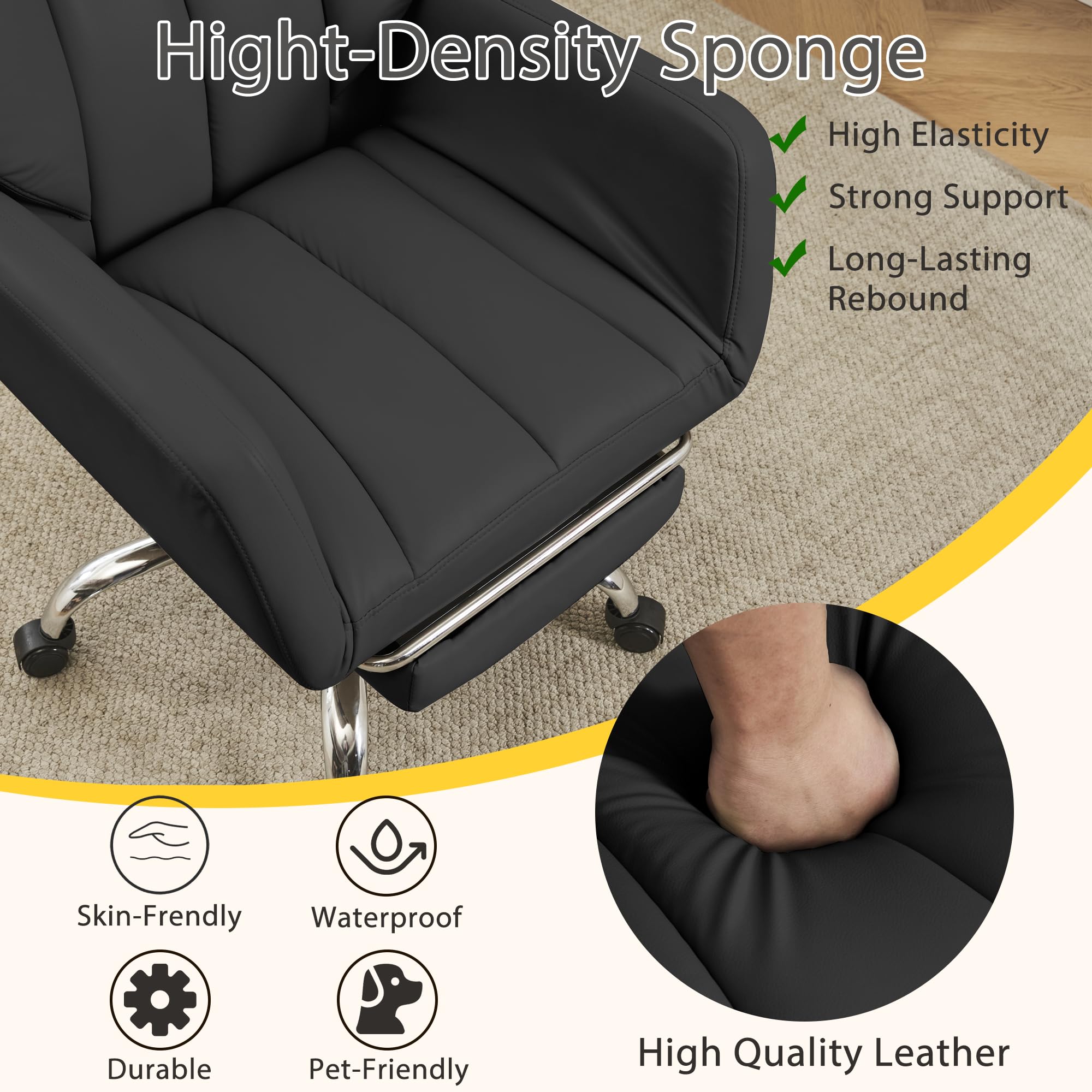 Ergonomic Cloud Cross Legged Office Chair with Footrest,Leather Big and Tall Executive Chair with Wheels,Reversible Armrest,155° Reclining Computer Wide Desk Chair for Home,Office (Black)