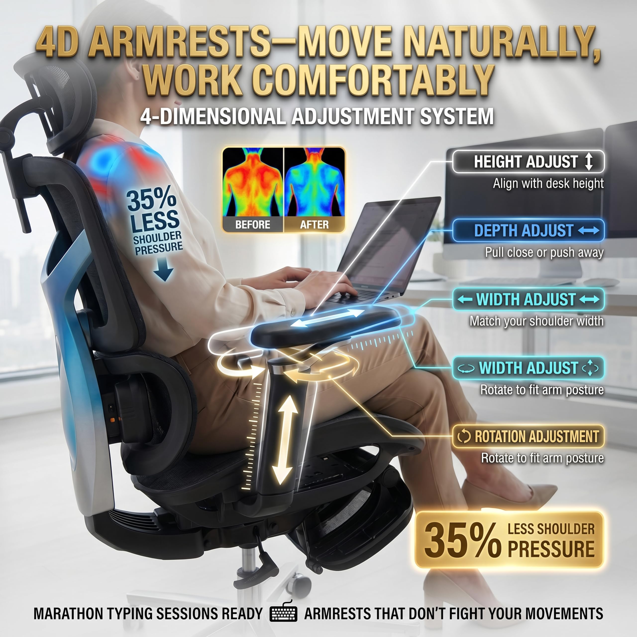 Ergonomic Office Chair with Footrest & 3D Massage Lumbar Support, Adjustable Seat Depth & Back Height,Big and Tall,400lbs, 4D Headrest, 4D Armrests, Reclining Office Chair for Home Office (Black)