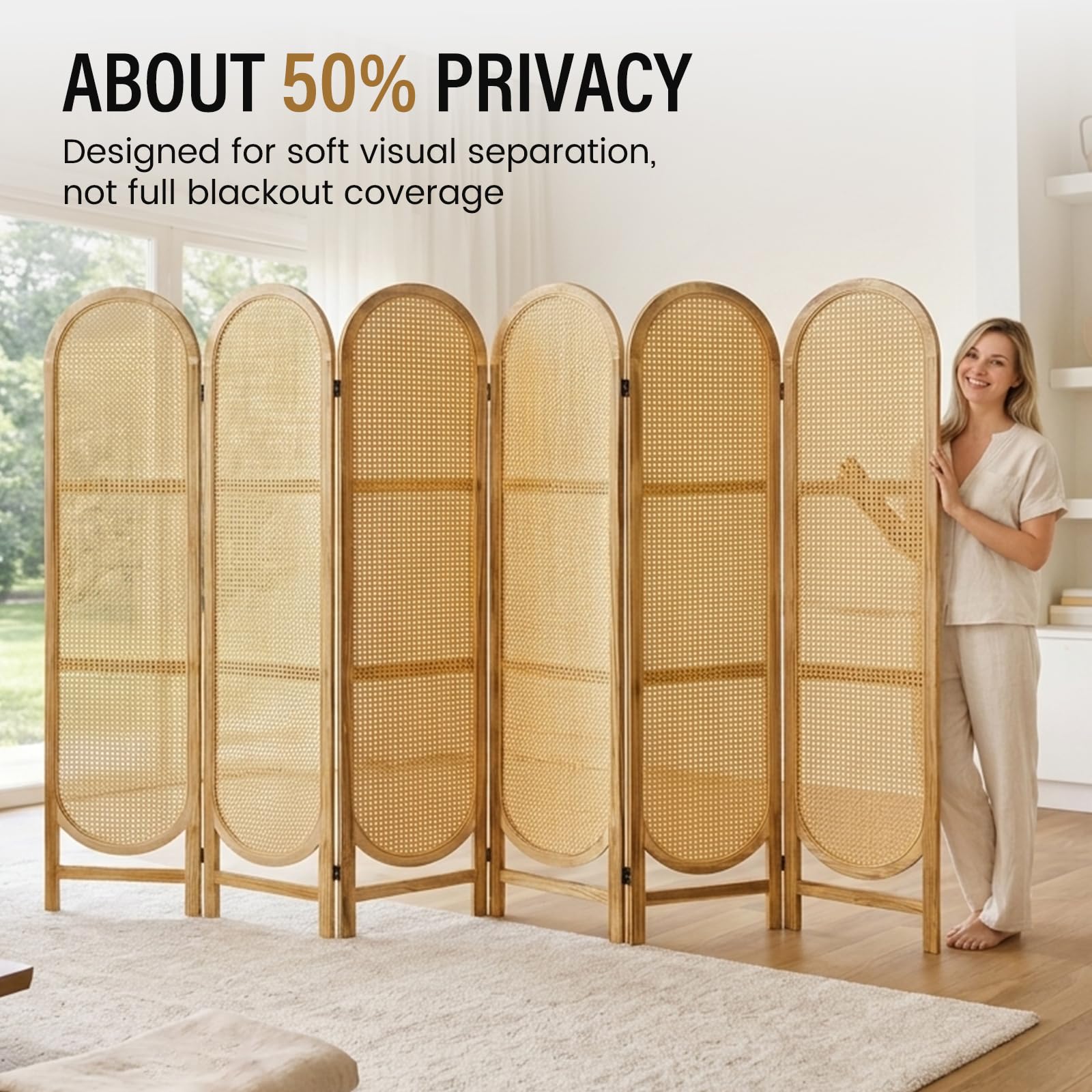 Aletheiawu Arched Rattan Room Divider 5.6 Ft Folding Privacy Screen, 6 Panel Freestanding Room Partition with Double Hinges, Lightweight Paulownia Wood Divider for Bedroom, Restaurant, Office, Natural