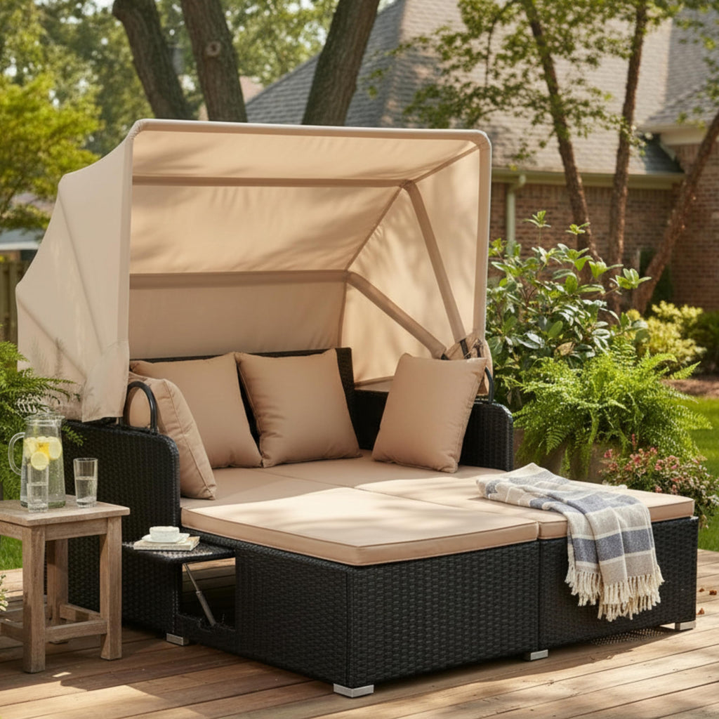 Tangkula Patio Rattan Daybed with Retractable Canopy, Outdoor Wicker Sunbed Lounger with 2 Foldable Side Tables, Thick Seat & Back Cushions, Outside Double Daybed for Garden, Backyard, Porch