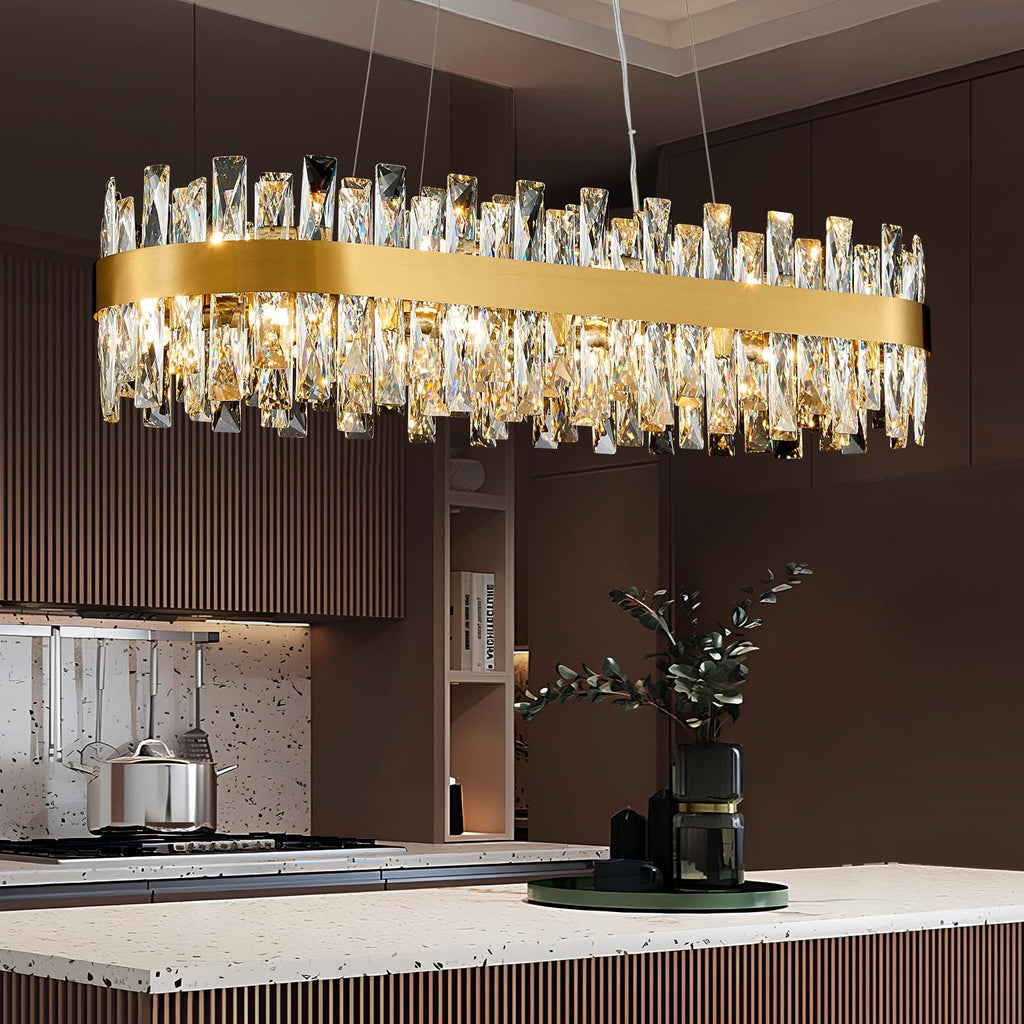 TMAFON Modern Brass Gold Crystal Chandelier, Rectangle K9 Crystal Raindrop Chandelier Lights, Contemporary Ceiling Hanging Light Fixtures for Kitchen Island Dining Room, Length 35.4 inches