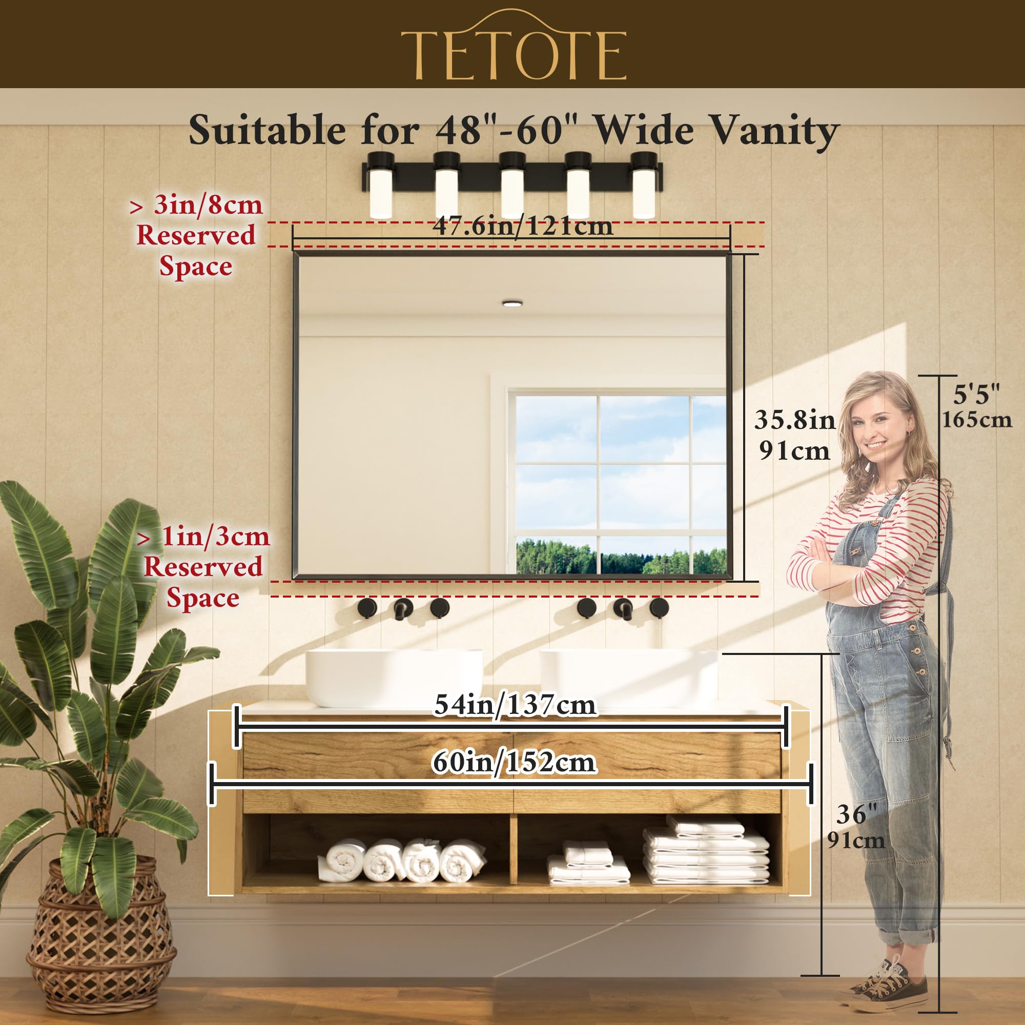 TETOTE Black Bathroom Mirror for Over Sink 48" x 36" Large Matte Black Beveled Metal Framed Rectangular Vanity Mirror for Bathroom, Bedroom, Entryway, Living Room, Tempered Glass, Shatterproof