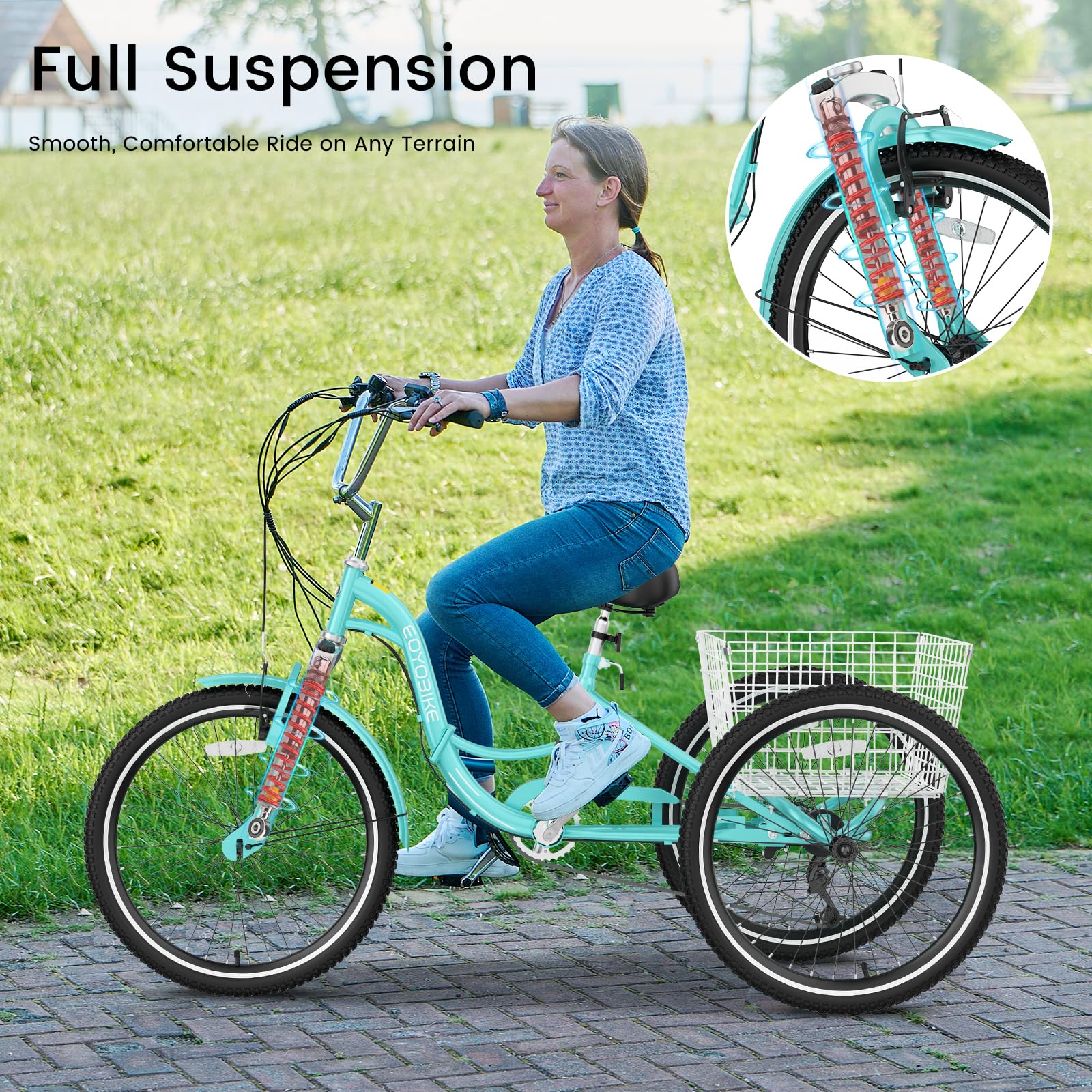 EOYOBIKE Adult Folding Tricycle, 7-Speed 3-Wheel Cruiser Bike with Low Step-Through Frame, Large Rear Basket, Adjustable Seat, 20/24/26 Inch Options