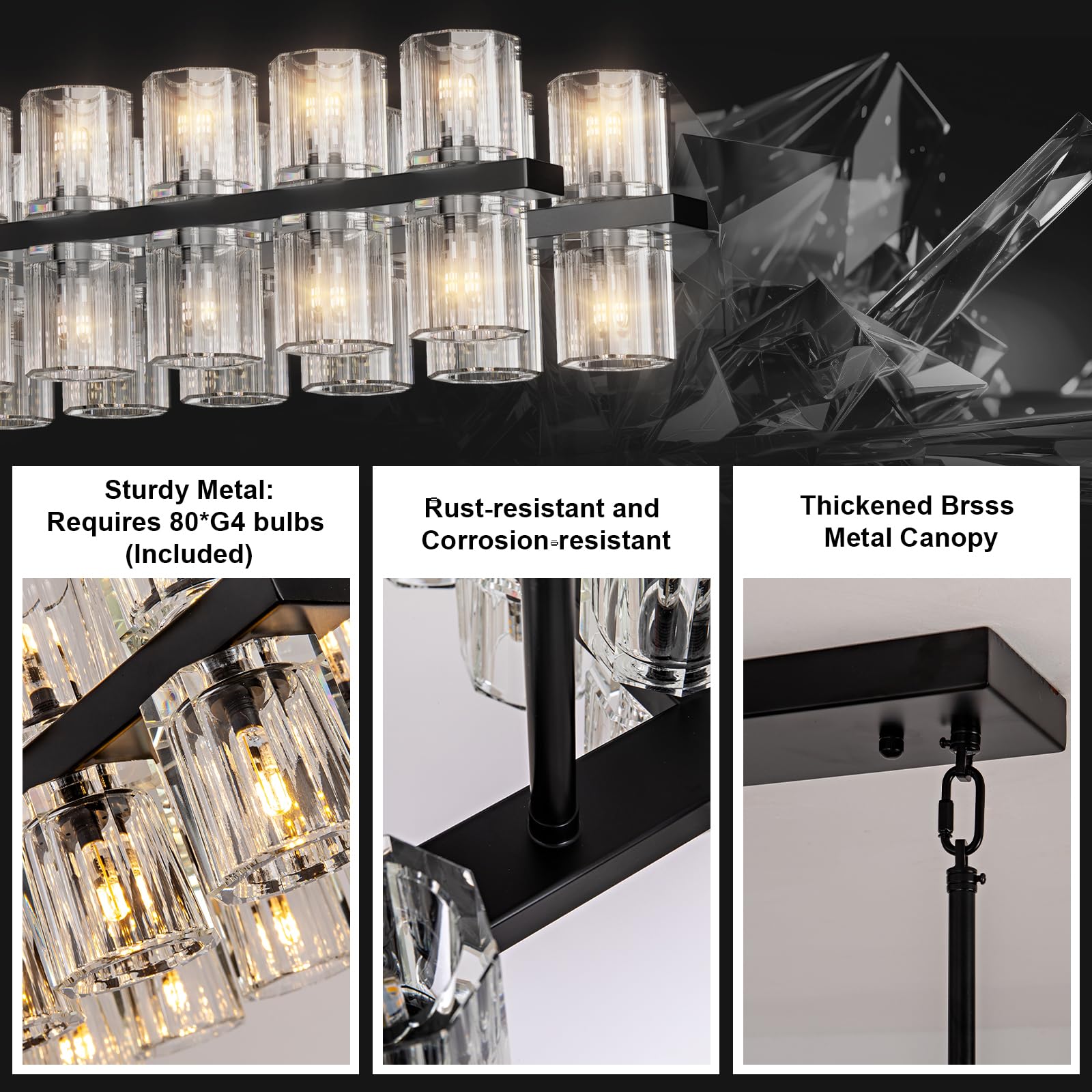Plsintly Crystal Black Rectangular Chandelier Light Fixture,72 in Large Dining Room Chandelier Over Table,Modern Chandeliers for Living Room,Arcachon Chandeliers,Kitchen Island,Includes 80xG4 Bulbs