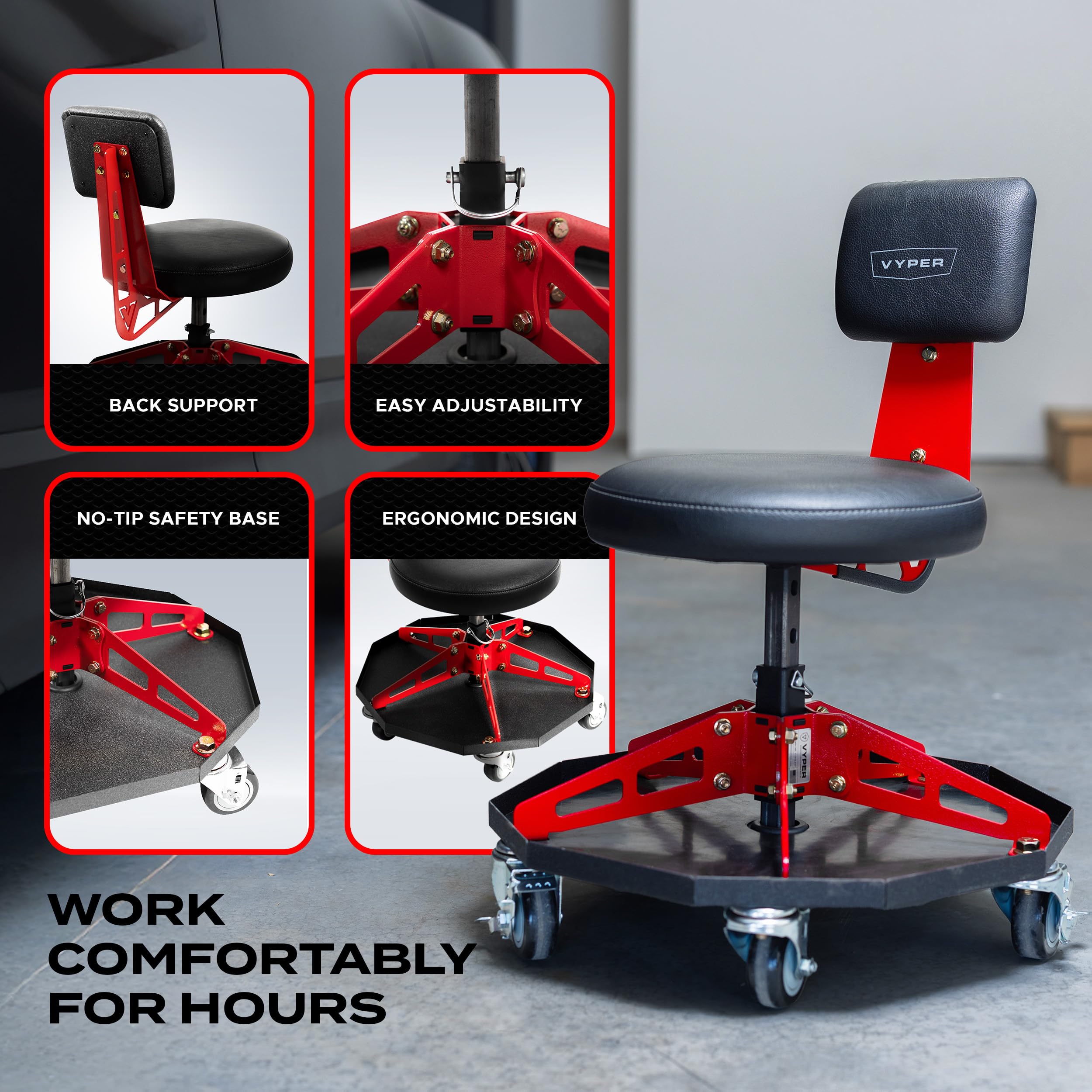 Vyper Robust Steel Sport Shop Chair for Mechanics, Automotive, DIY - Made in USA - 300 lb Capacity Garage Stool with Backrest & Large Wheels (Black Seat, Red Frame)