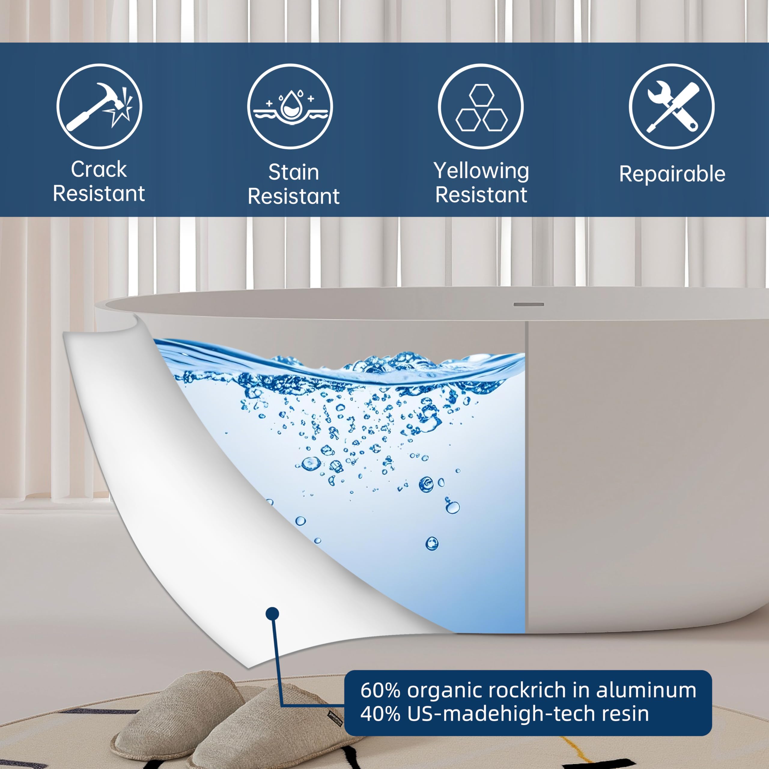 MEDUNJESS 61'' Resin Stone Soaking Bathtub Oval Solid Surface Freestanding Soaking Bathtubs Matte White Soaking Tub with Overflow and Pop up Drain - White