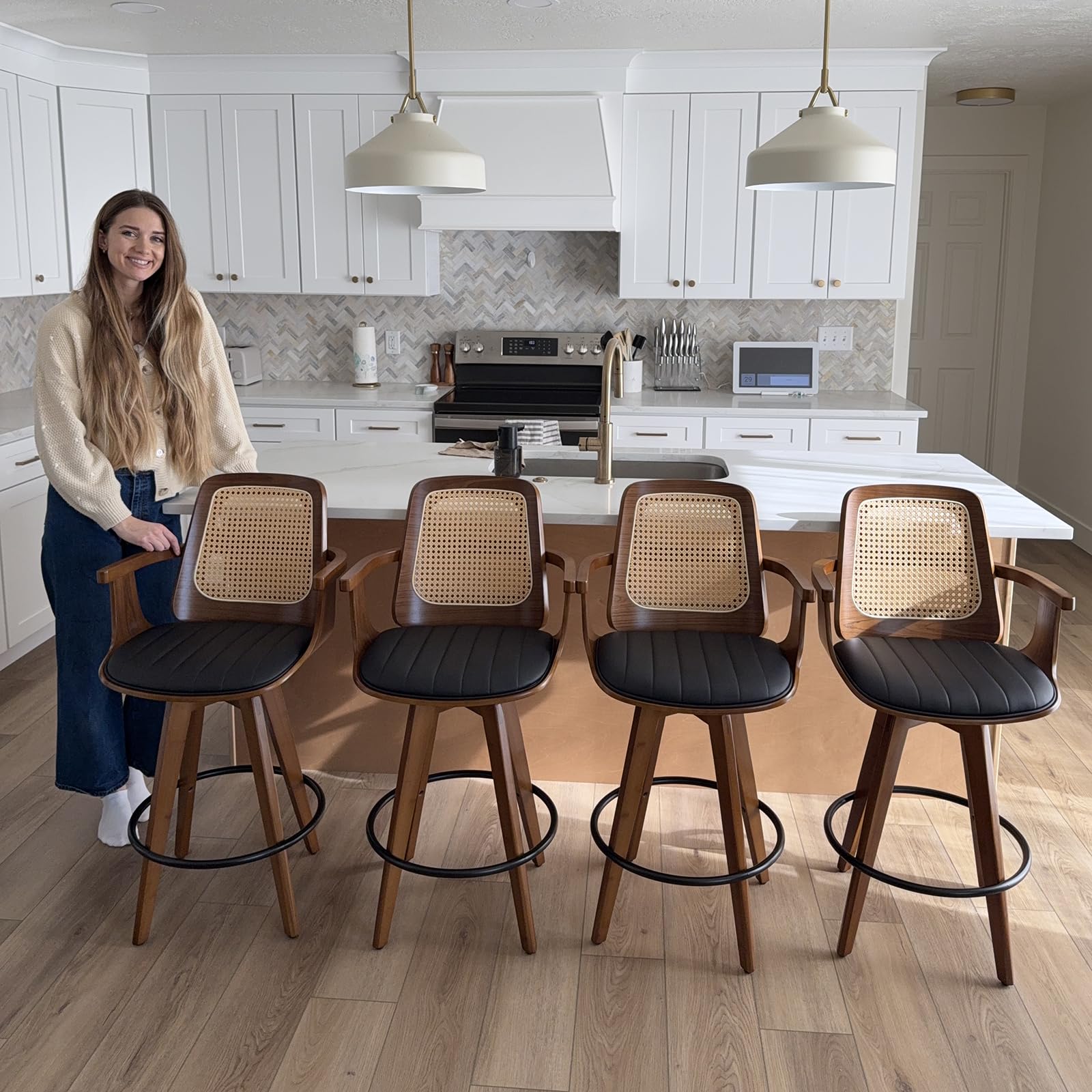 WUPOTO Bar Stools Set of 2, 29.7" Bar Height 360° Swivel Stools with Ergonomic Rattan Back, Faux Leather Seat, Bamboo Legs with Walnut Finish, Mid-Century Style (Green)