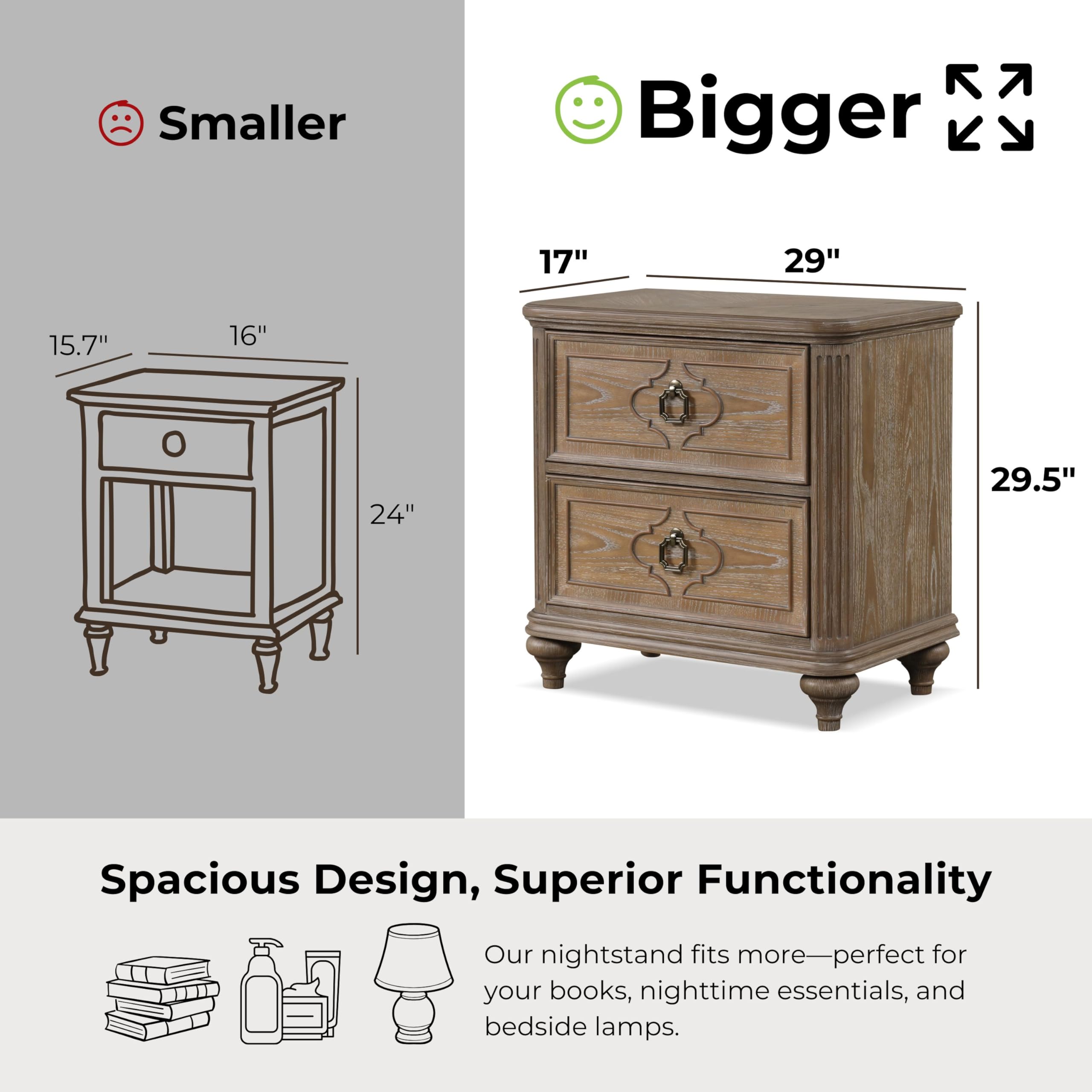 Furniture of America Weile Art Deco Solid Wood 29-inch Nightstand, Bedside Table with USB Ports, Antique Handles and Turn Legs, Wooden Night Stand for Bedroom, Guest Room, Dorm, Rustic Oak