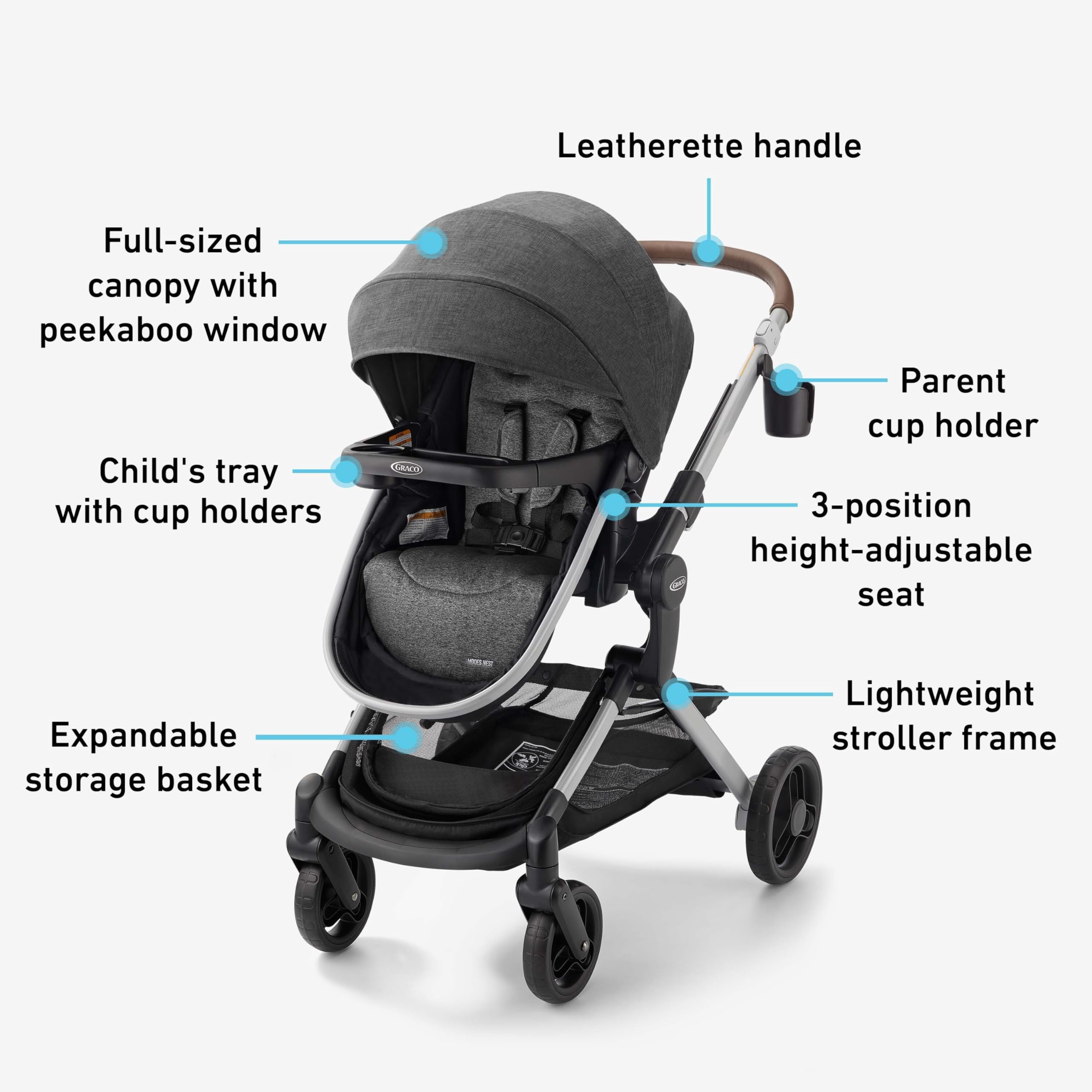 Graco Modes Nest Travel System, 3-in1 Modular Carseat Stroller Combo, Adjustable Slide2Me Infant Car Seat Carrier to Toddler Stroller, Includes the SnugRide DLX Infant Car Seat, Sullivan