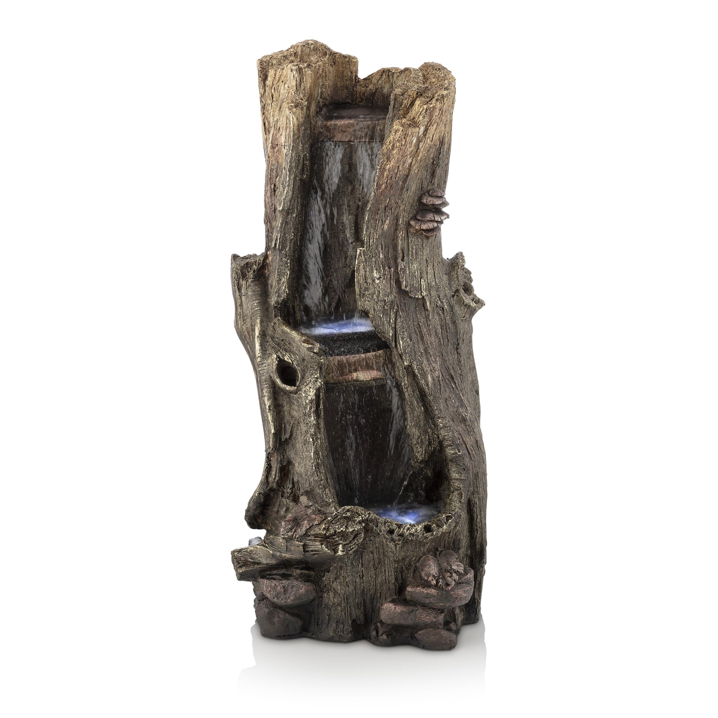 Alpine Corporation WIN258 Outdoor Rainforest Waterfall Tree Trunk Floor Fountain with LED Lights, Tiered Garden Decor, 41" H, Brown