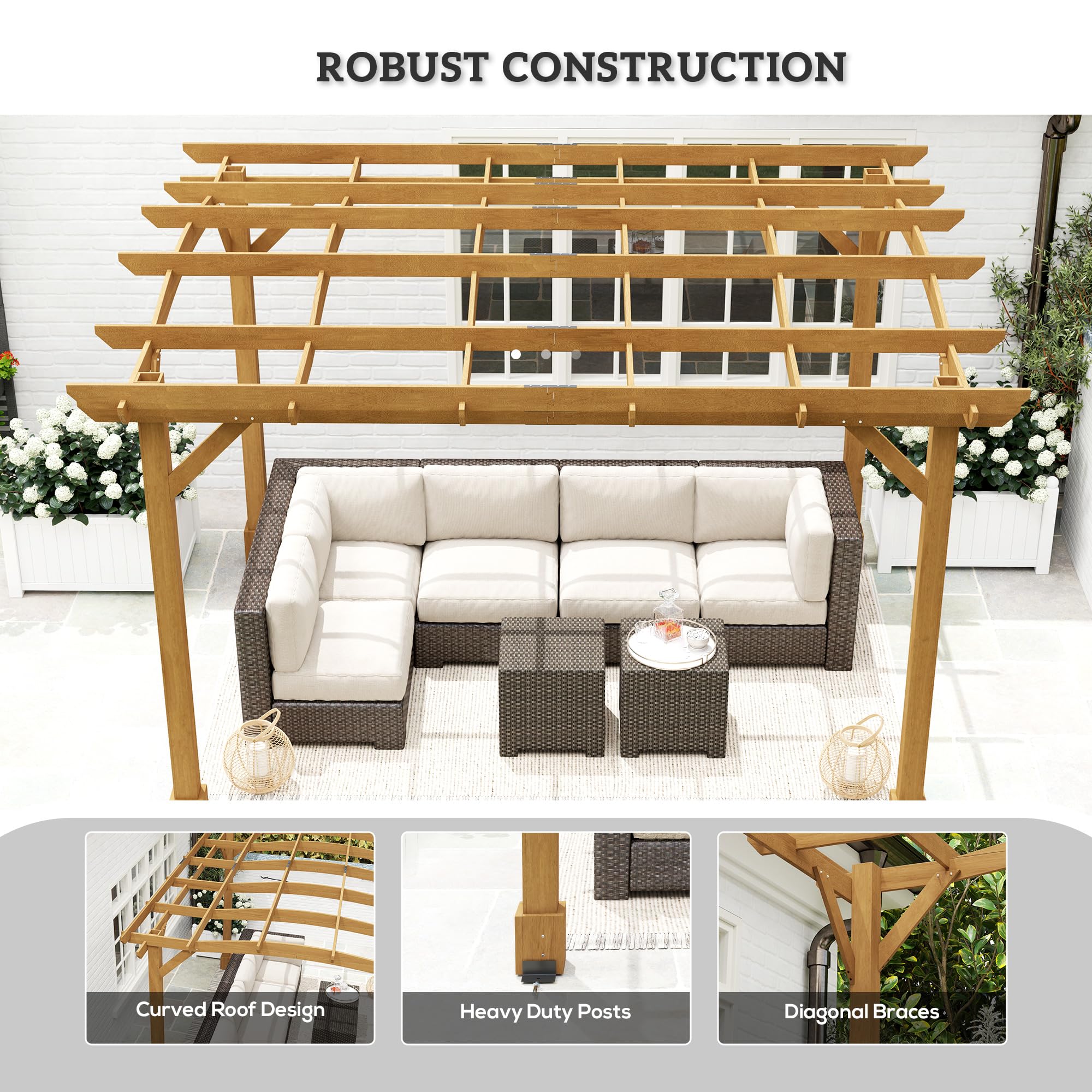 Outsunny 10' x 12' Outdoor Pergola with Arched Roof for Climbing Plant Support, Wood Gazebo Grape Trellis with Stable Structure, Concrete Anchors for Patio, Garden, Deck, Backyard, Dark Brown
