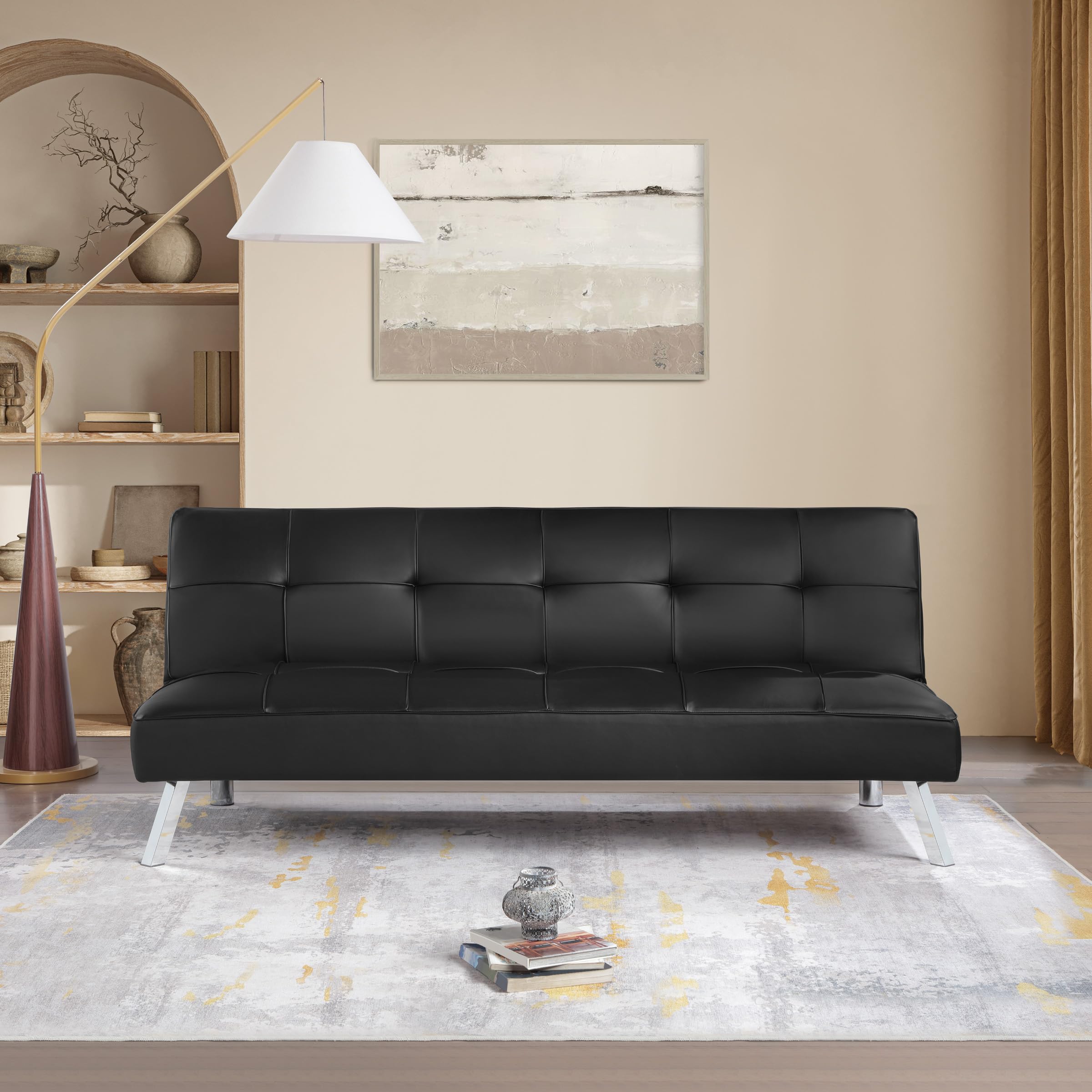 OSP Home Furnishings Kenneth Modern Button Tufted Convertible Click-Clack Futon Sofa Bed, Black Faux Leather with Chrome Legs