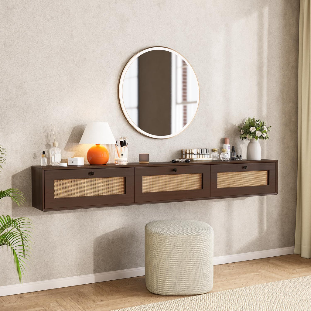 FurniNova 78'' Floating TV Stand with Rattan Doors, Wall Mount TV Console Cabinet, Fully Assembled Floating Entertainment Center, Matte Finish, Plywood Media Cabinet for Living Room