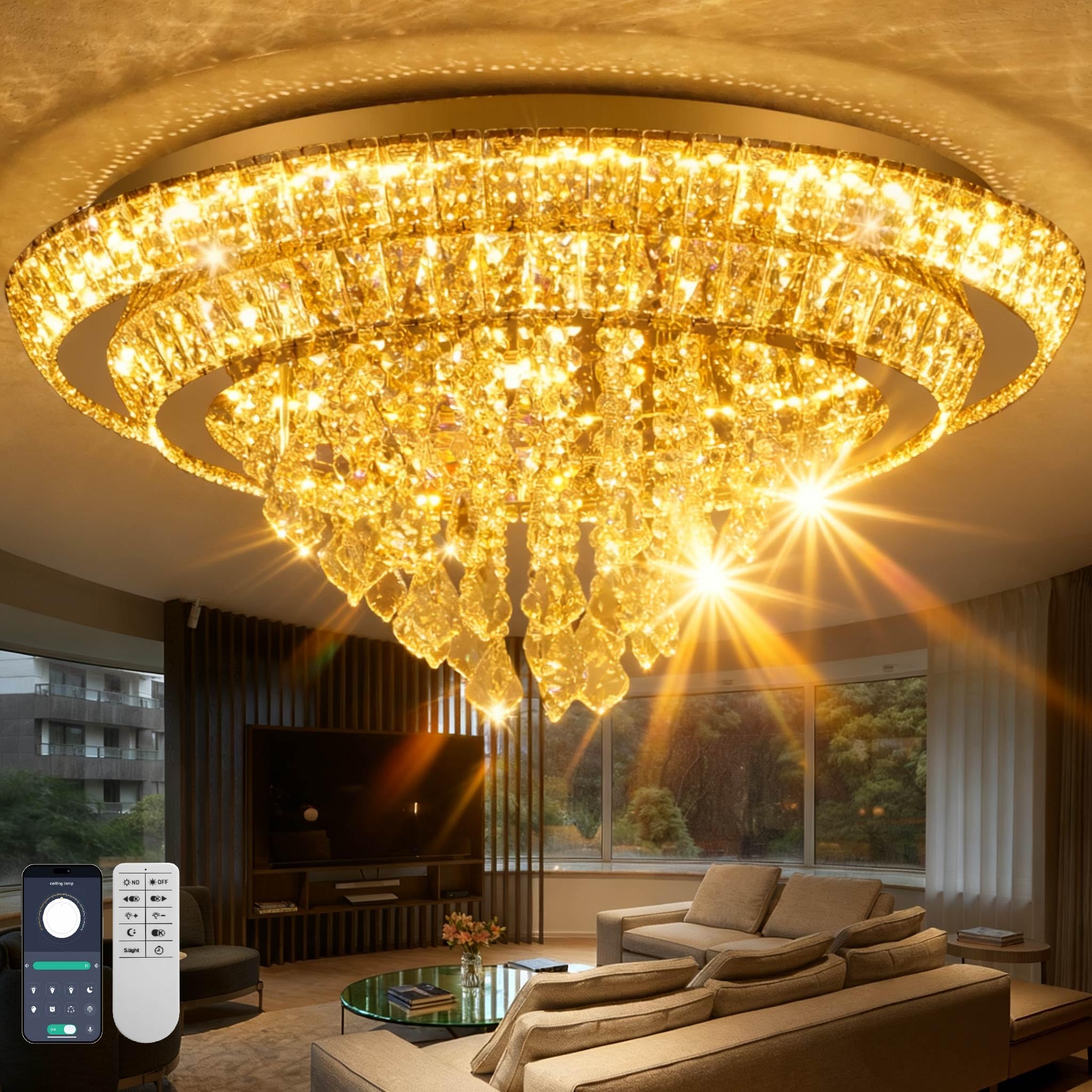Kuailkag Crystal LED Ceiling Light 24" Modern Flush Mount Chandelier,K9 Crystal Raindrop,Elegant Lighting Fixture with Remote/APP,3CCT,Dimmable Living Room Chandeliers Lights-Golden