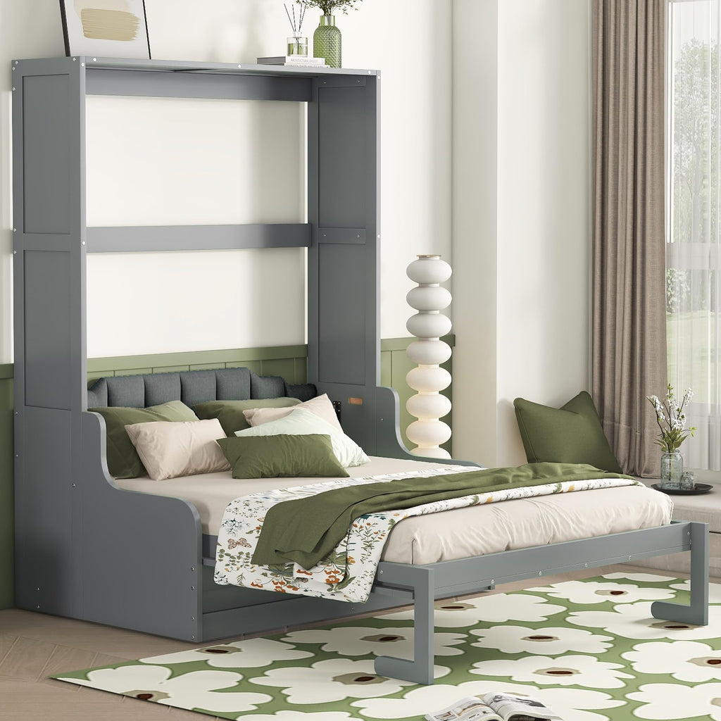 Merax Queen Size Murphy Bed Frame, Modern Wall Bed Can Be Folded into Cabinet, Chair with Cushion, Gray