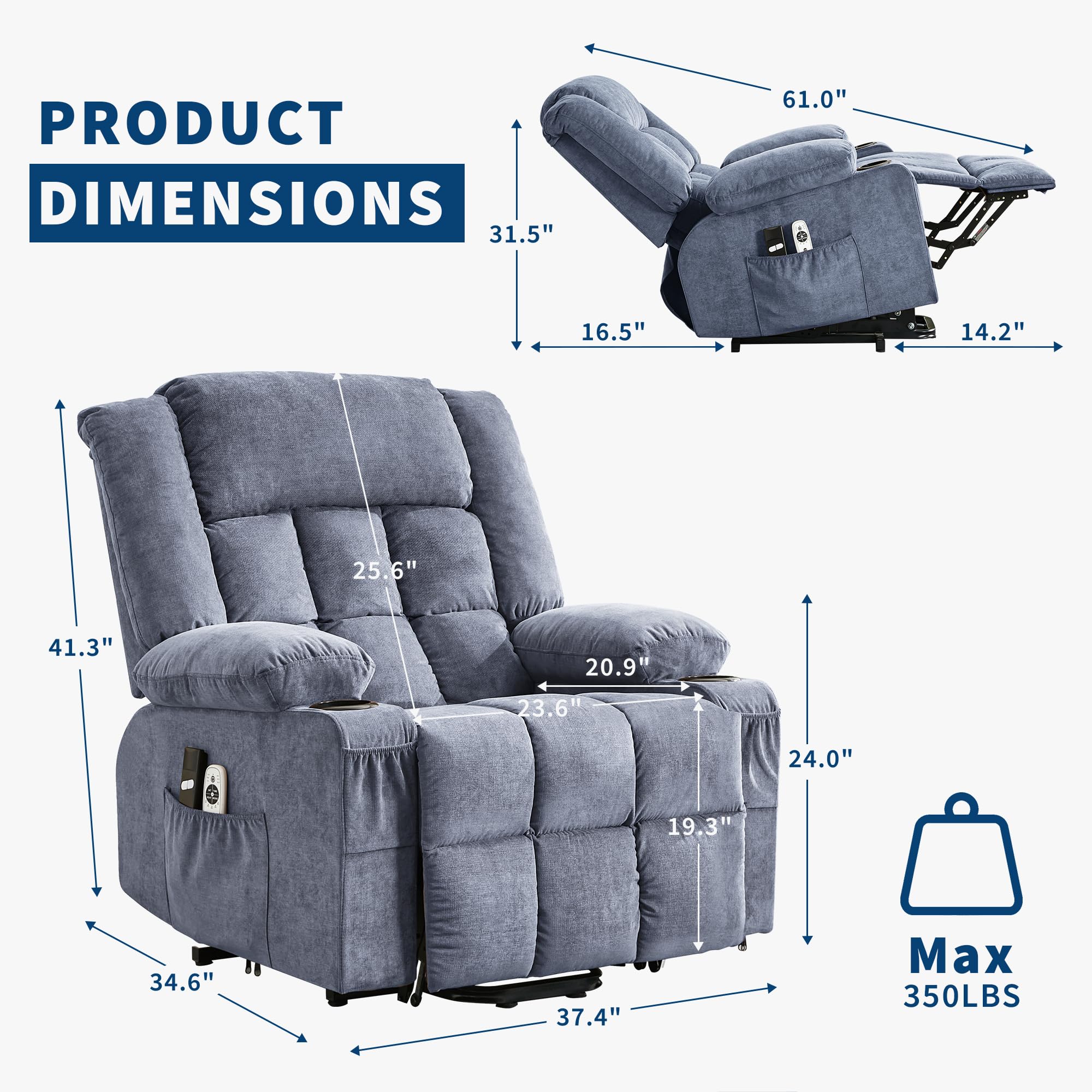 Garvee Power Lift Recliner Chair with Massage and Heat for Elderly Adults Lazy Boy Single Sofa Seat with 3 Positions 2 Side Pockets Cup Holders USB Ports Remote Control