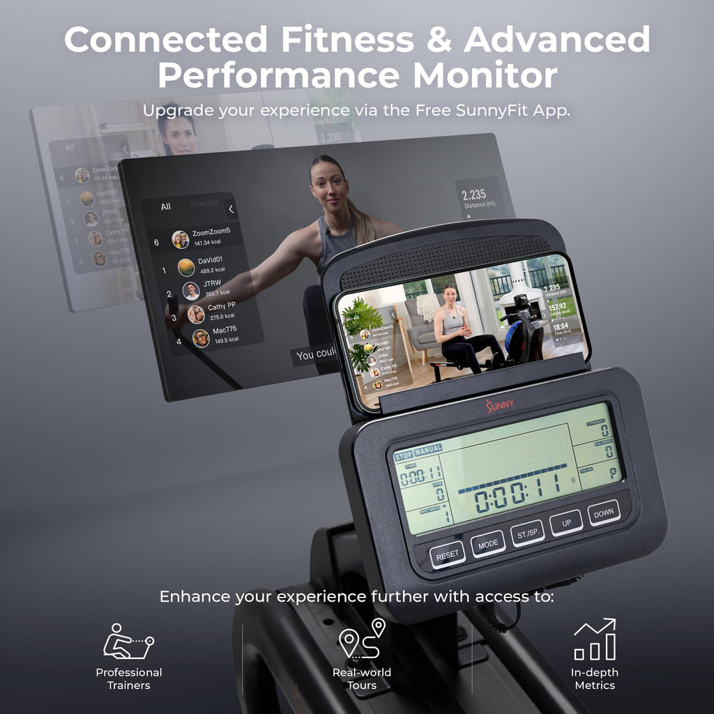 Sunny Health & Fitness Phantom Hydro Smart Water Rowing Machine with Dynamic Real-Time Resistance, Foldable 300 LB Capacity Rower with Bluetooth Connectivity and Extra Long Slide- SF-RW5910SMART