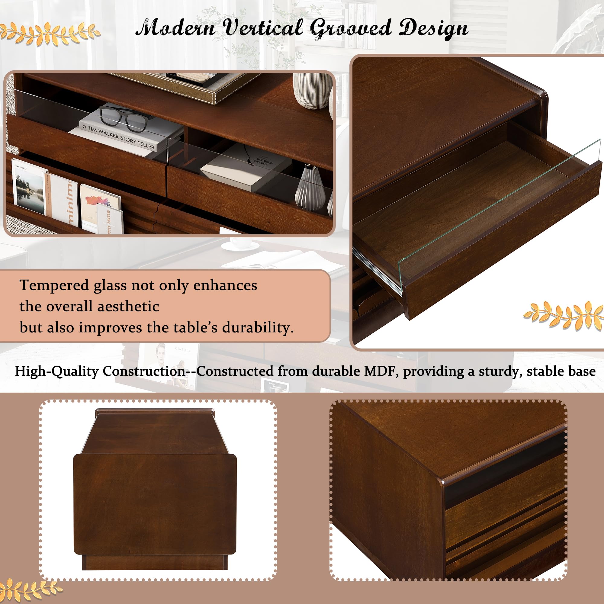 Merax Modern 47.2" Rectangle Coffee Table with 4 Drawers and 2 Display Shelves, Wood Fluted Style Center Tables w/Tempered Glass for Living Room Reception Room, Brown