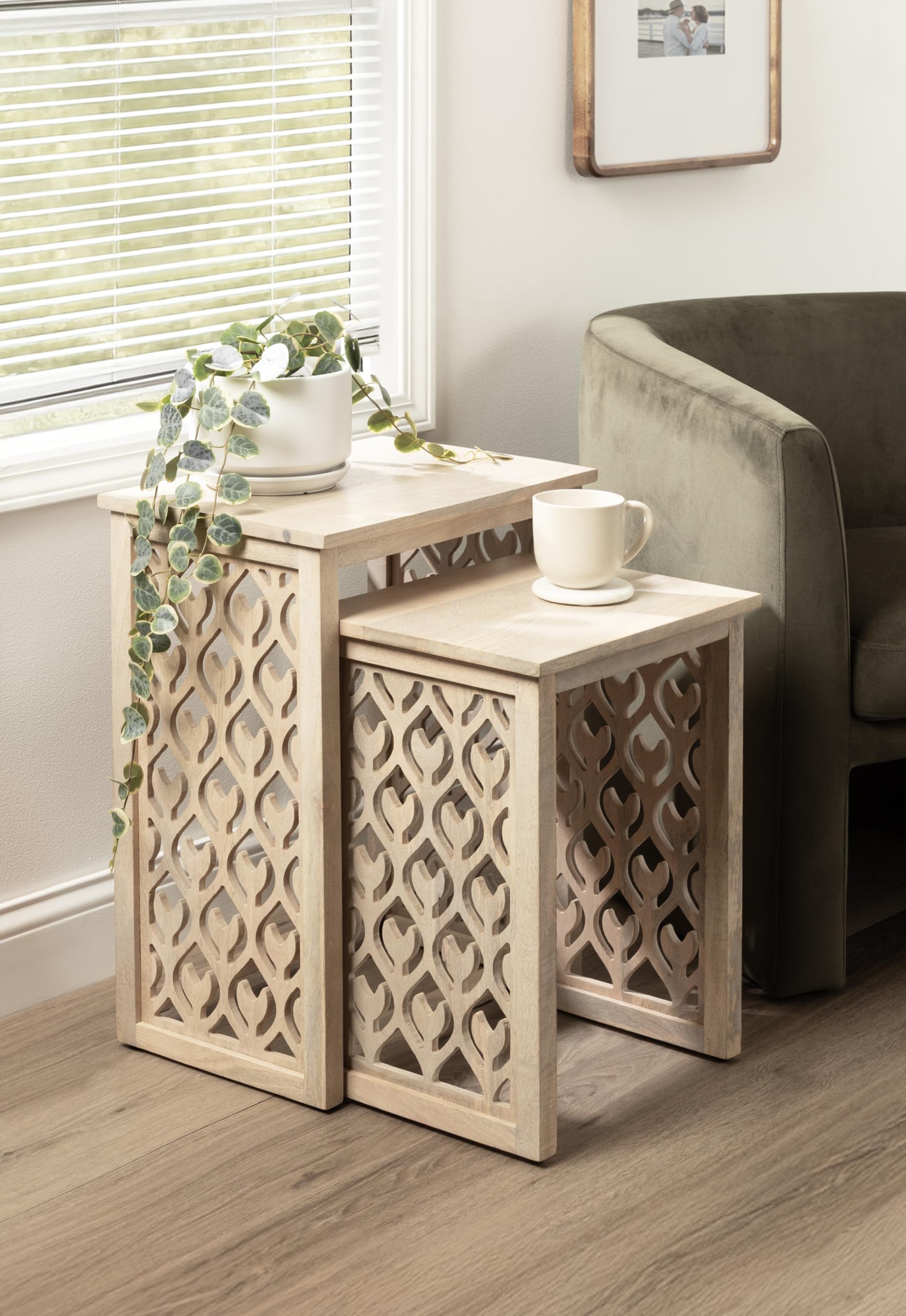 Kate and Laurel Karni Modern Mango Wood Living Room Nesting Tables, Set of 2, Whitewash, Decorative Coastal Solid Wood End Tables for Use as Bedroom Nightstands or Entryway Decor Accents