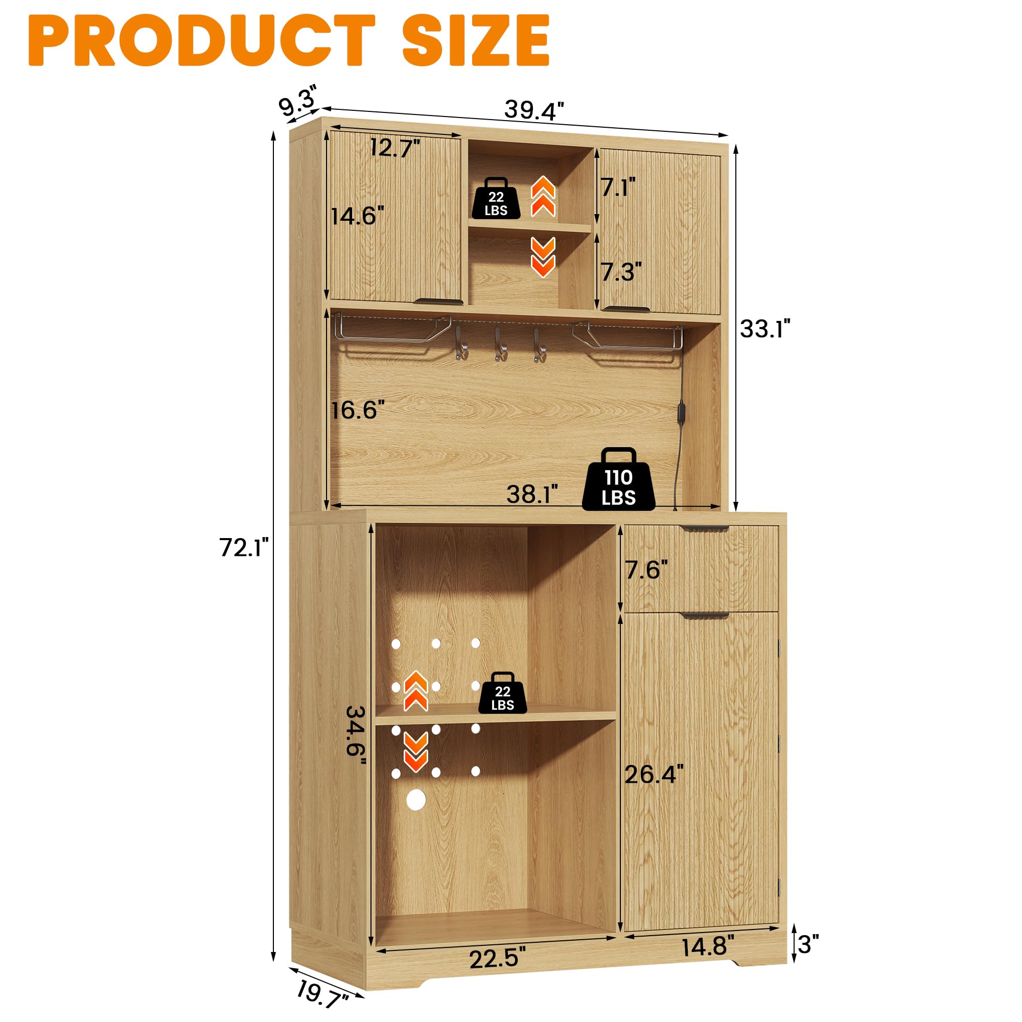 kepptory 72" Mini Fridge Cabinet with Storage, Coffee Bar Cabinet with Mini Fridge, Tall Coffee Bar Station with RGB LED Light, Wine Glass Holder, for Home Kitchen Living Room, Retro