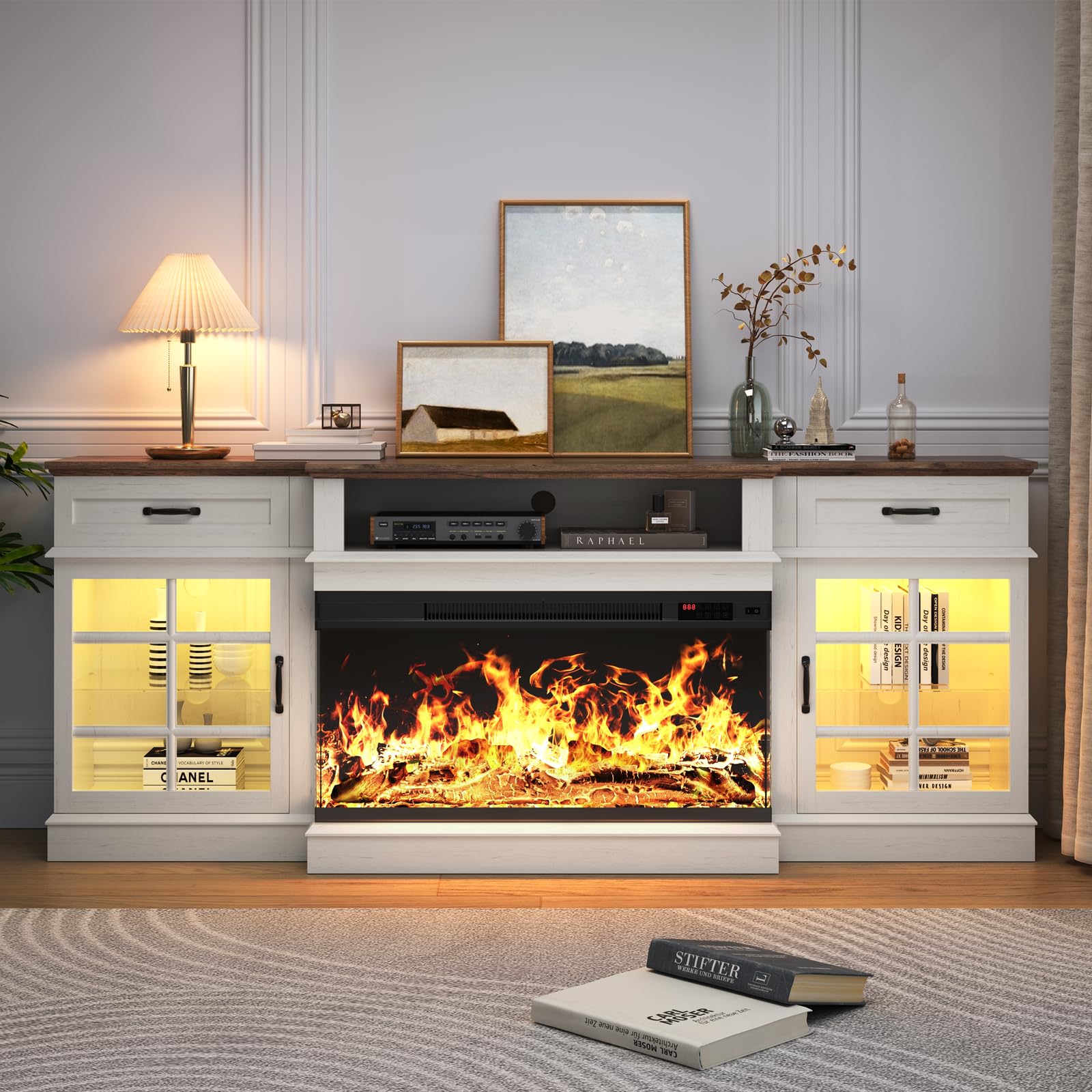 MXV 80" Fireplace TV Stand, 3-Sided Glass Fireplace and Modern Entertainment Center, Wooden Media Console with Glass Doors & Storage Drawers, LED Light, for Living Room, White